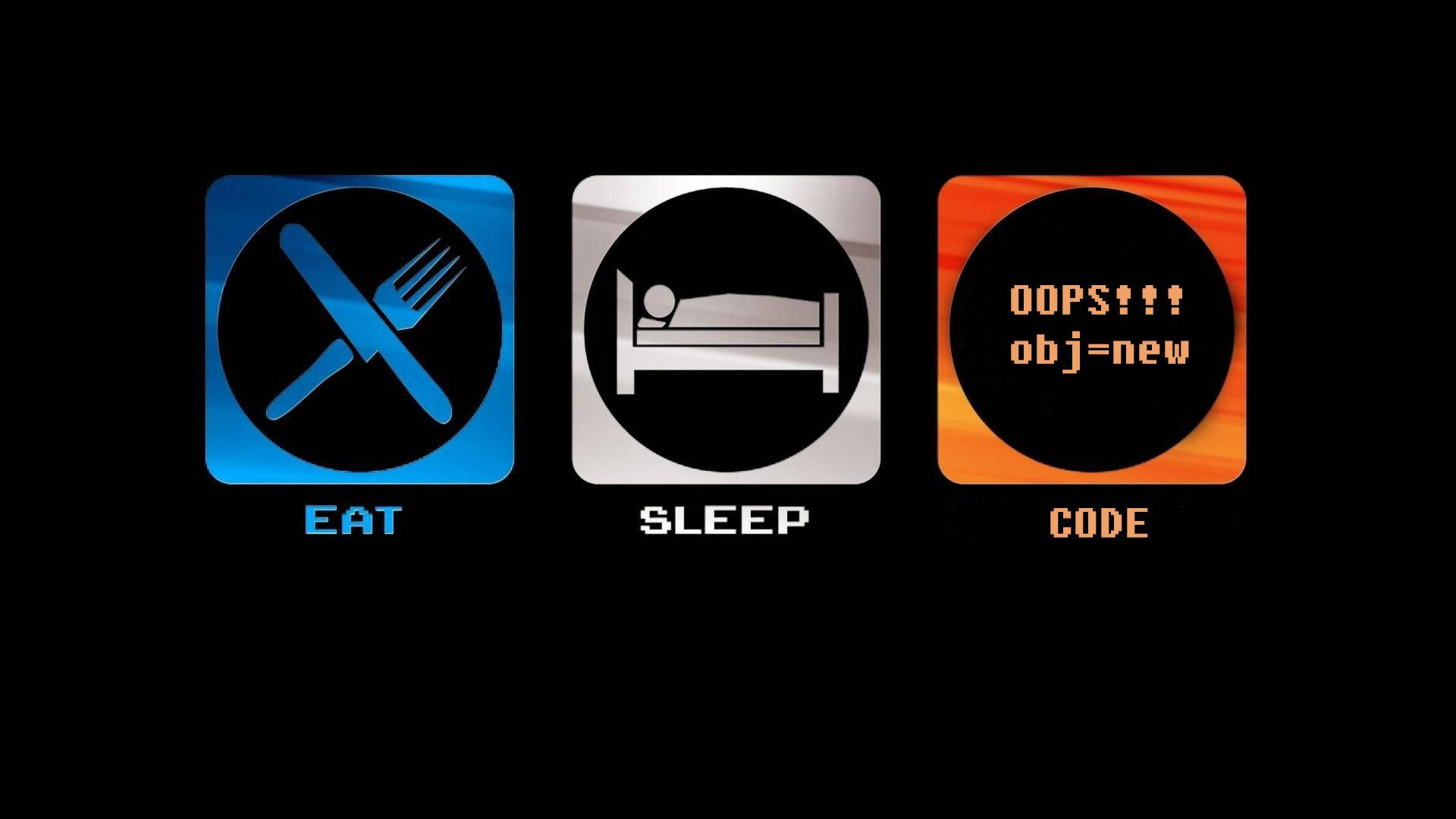 Memes 桌布 壁紙 — 三個發光的應用程式圖標，用於 eat sleep code，背景為黑色。