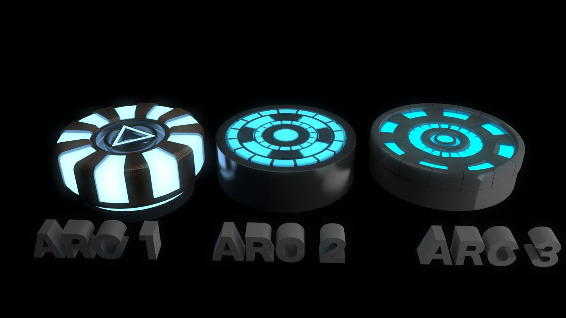 Iron Man Arc Reactor 桌布 壁紙 — 三個發光的未來感圓形裝置，帶有藍色和白色燈光，標有 ARO 1 2 3，背景為黑色。