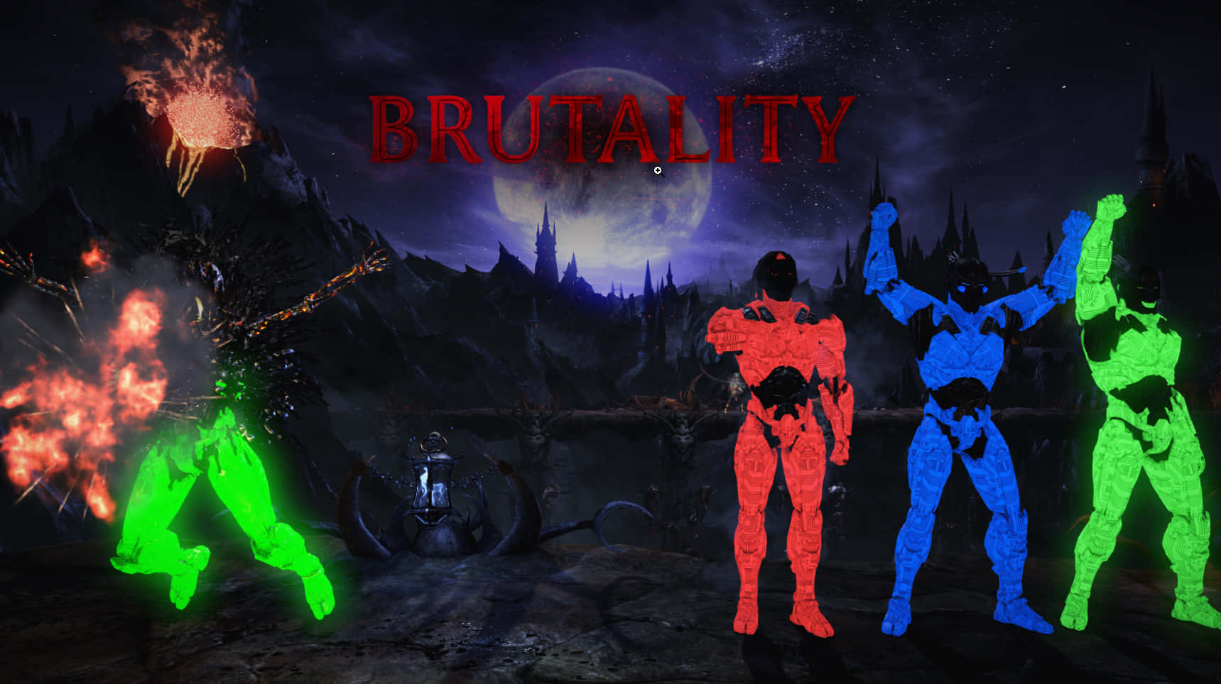 Mortal Kombat Triborg 桌布 壁紙 — 三個發光的紅色、藍色和綠色裝甲身影在滿月下 defiantly 站立，背景是黑暗奇幻景觀，伴有火焰爆炸和哥德式建築。