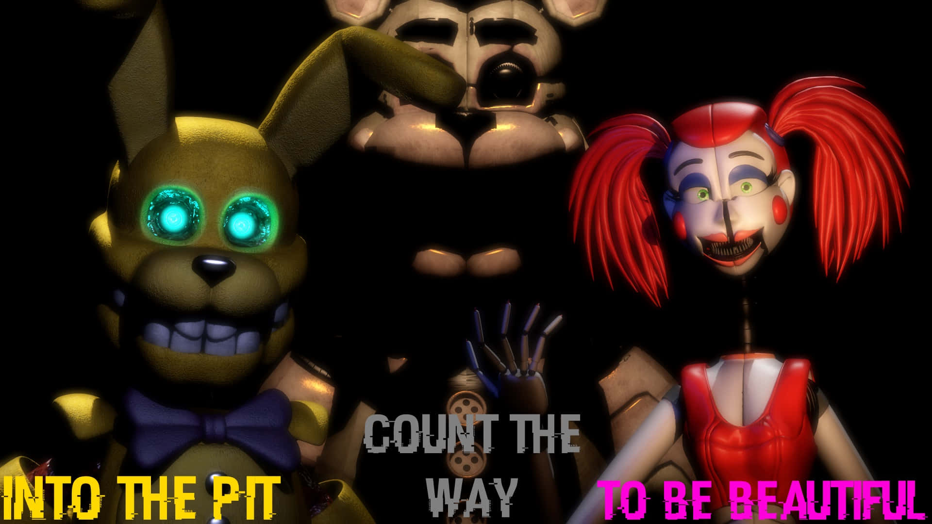 Fazbear Frights 桌布 壁紙 — 三個發光眼睛、帶有威脅笑容的電子動畫角色，站在黑色背景上，配有粗體文字。