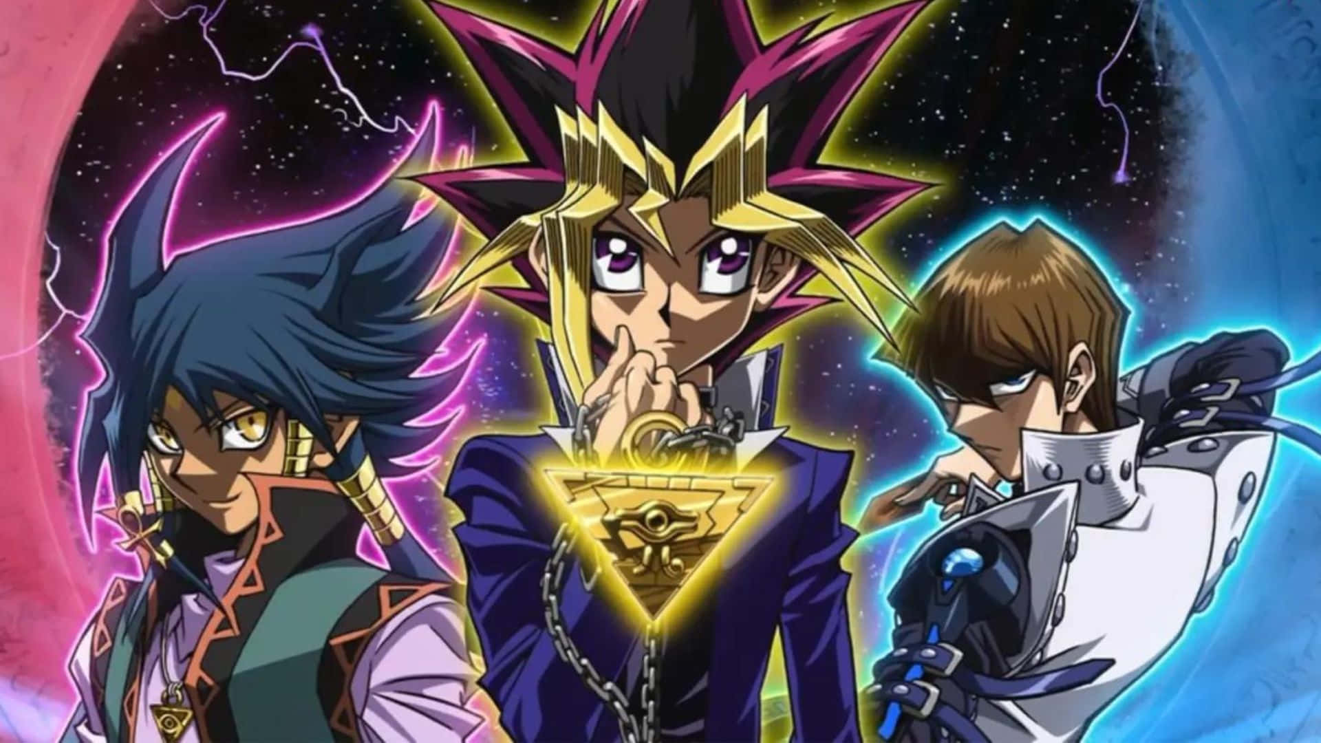 Aigami 桌布 壁紙 — 三個發光眼睛和魔法物品的動漫角色站在有閃電和星星的宇宙背景前。