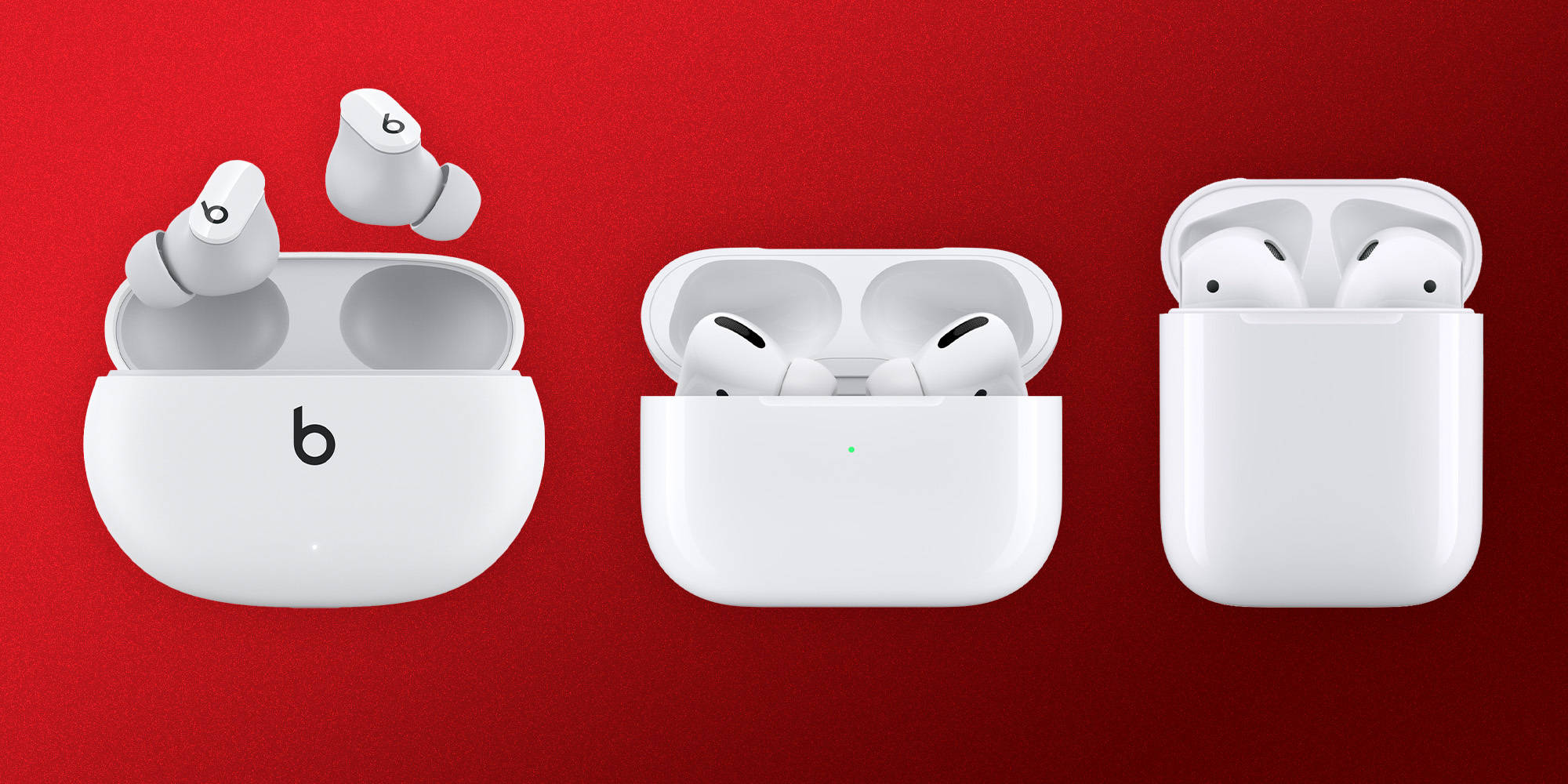 Beat Buds X Apple AirPods 壁紙 — 三個白色無線耳機充電盒連耳機，展示在鮮紅色背景上。