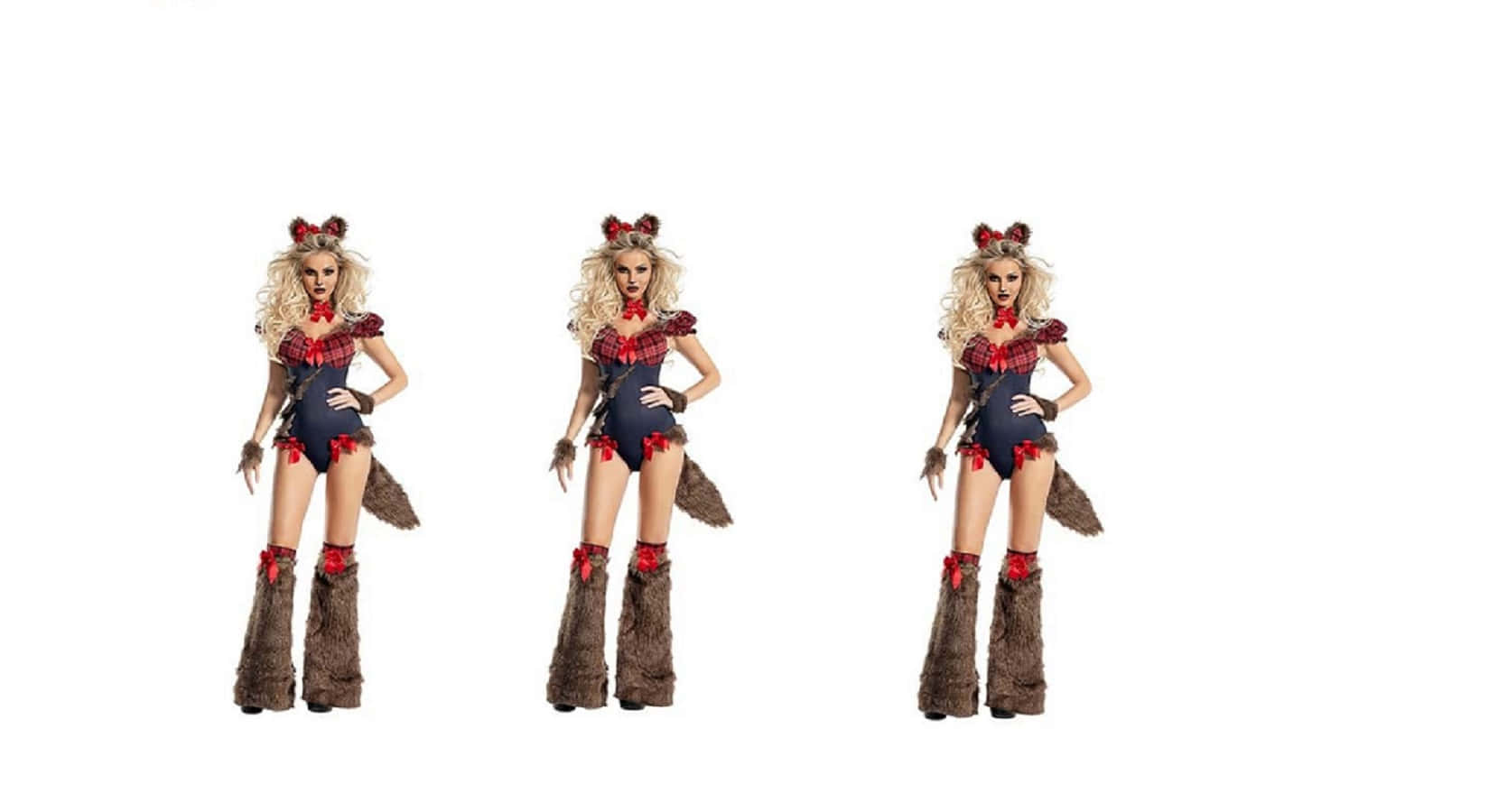 Werewolf Costumes 桌布 壁紙 — 三個相同的女性穿著狐狸服裝，在純白色背景前自信地擺姿勢。