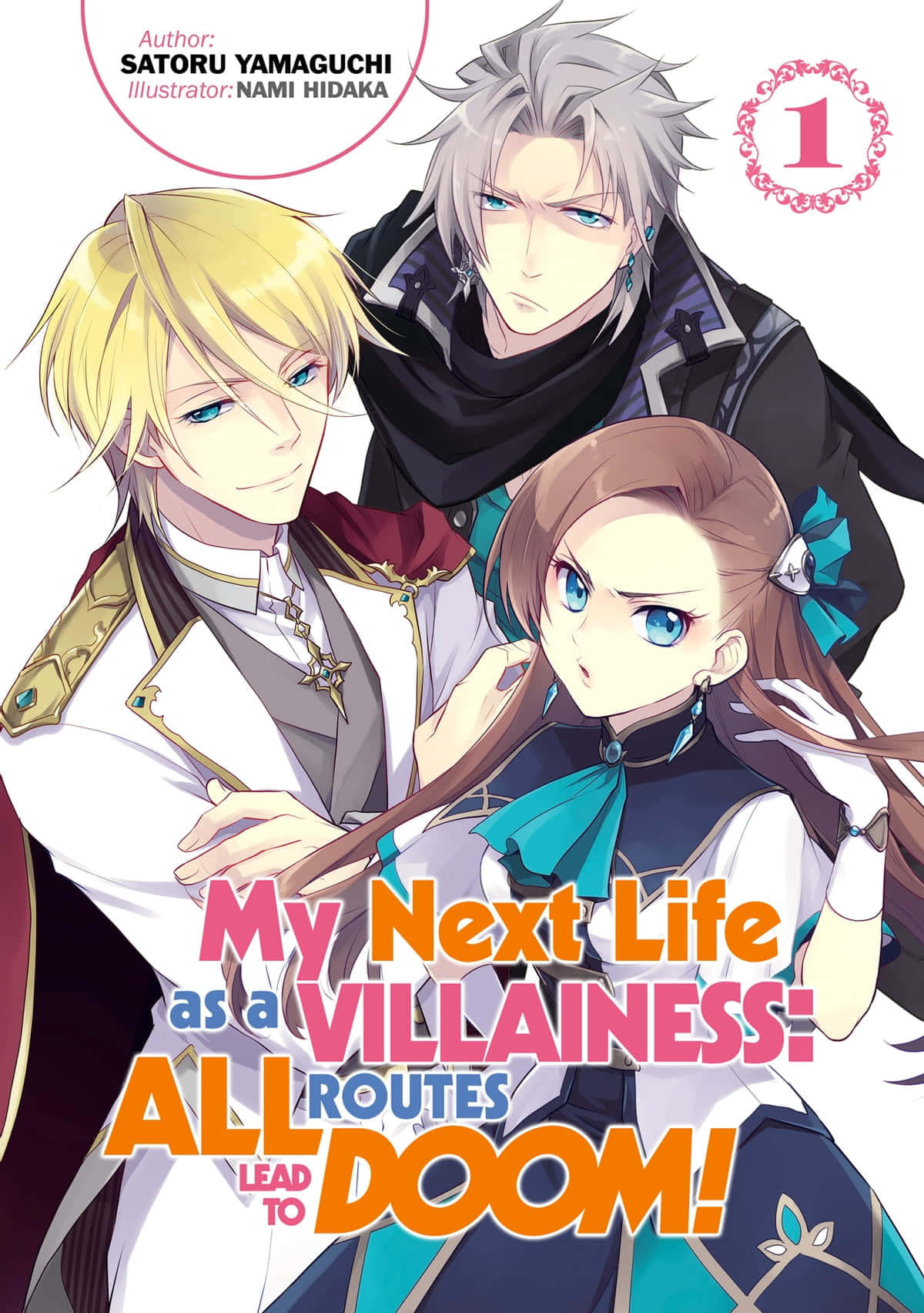 My Next Life As A Villainess All Routes Lead To Doom 桌布 壁紙 — 三個穿著不同服裝、表情各異的動漫角色，在純白色背景前擺姿勢，並配有粗體漫畫標題文字。