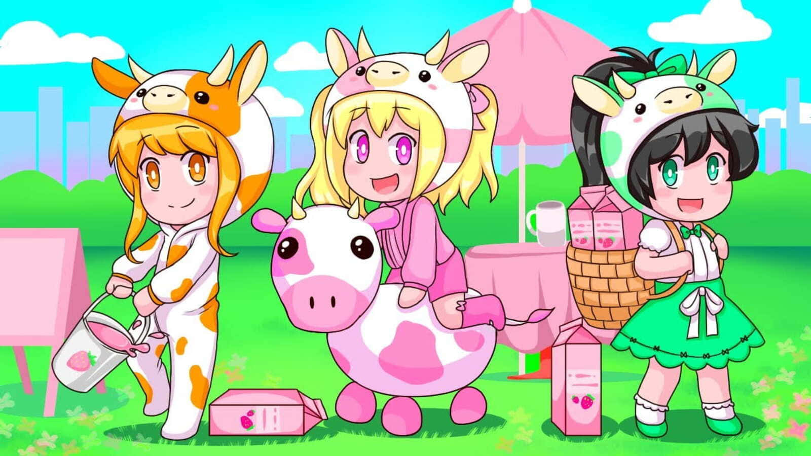 Kawaii Strawberry Cow 桌布 壁紙 — 三個穿著乳牛服裝的開心動畫女孩，在粉紅色雨傘下的明亮公園裡，與粉紅色的乳牛和牛奶盒玩耍。