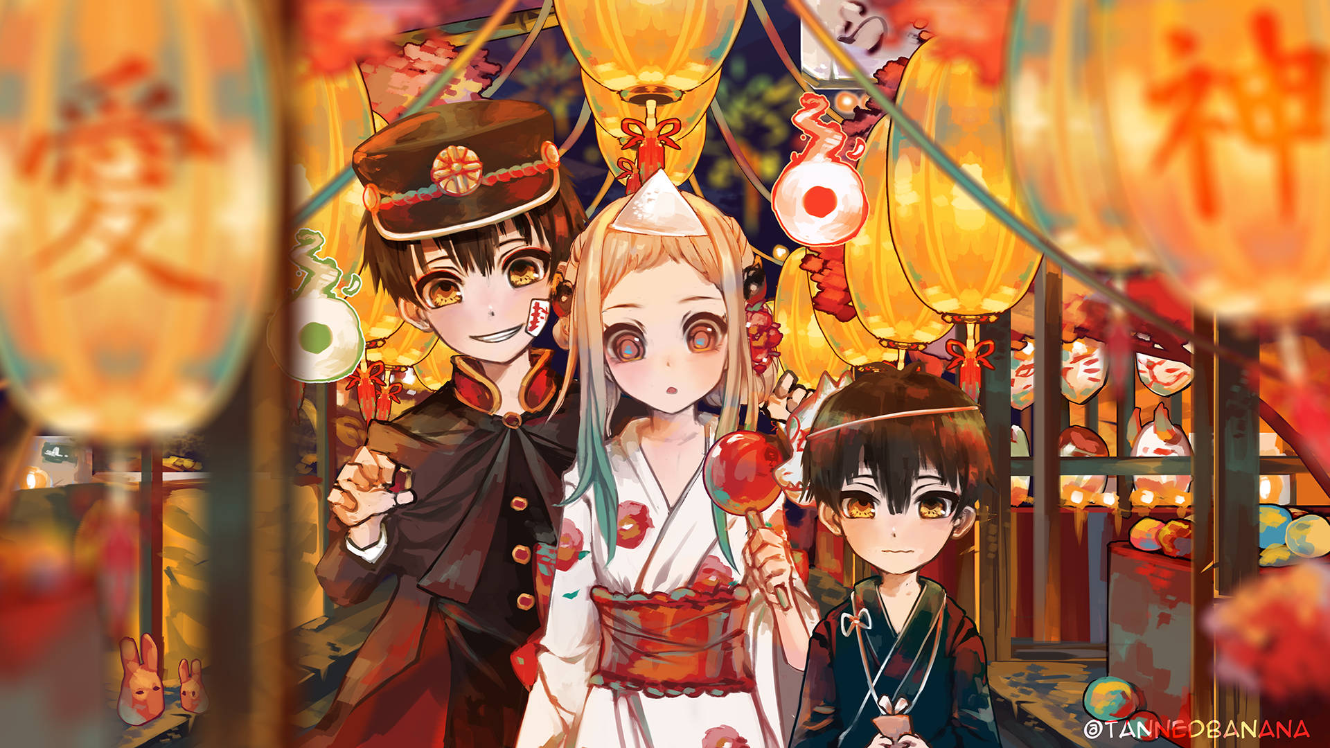 hanako 桌布 壁紙 — 三個穿著傳統日本服飾的動漫角色站在節日夜市中發光的燈籠下。