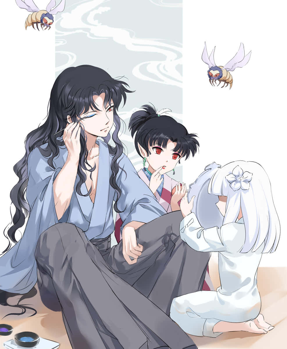 Inuyasha Kagura 桌布 壁紙 — 三個穿著傳統長袍的動漫角色坐在一起，附近有類似昆蟲的飛行生物盤旋。