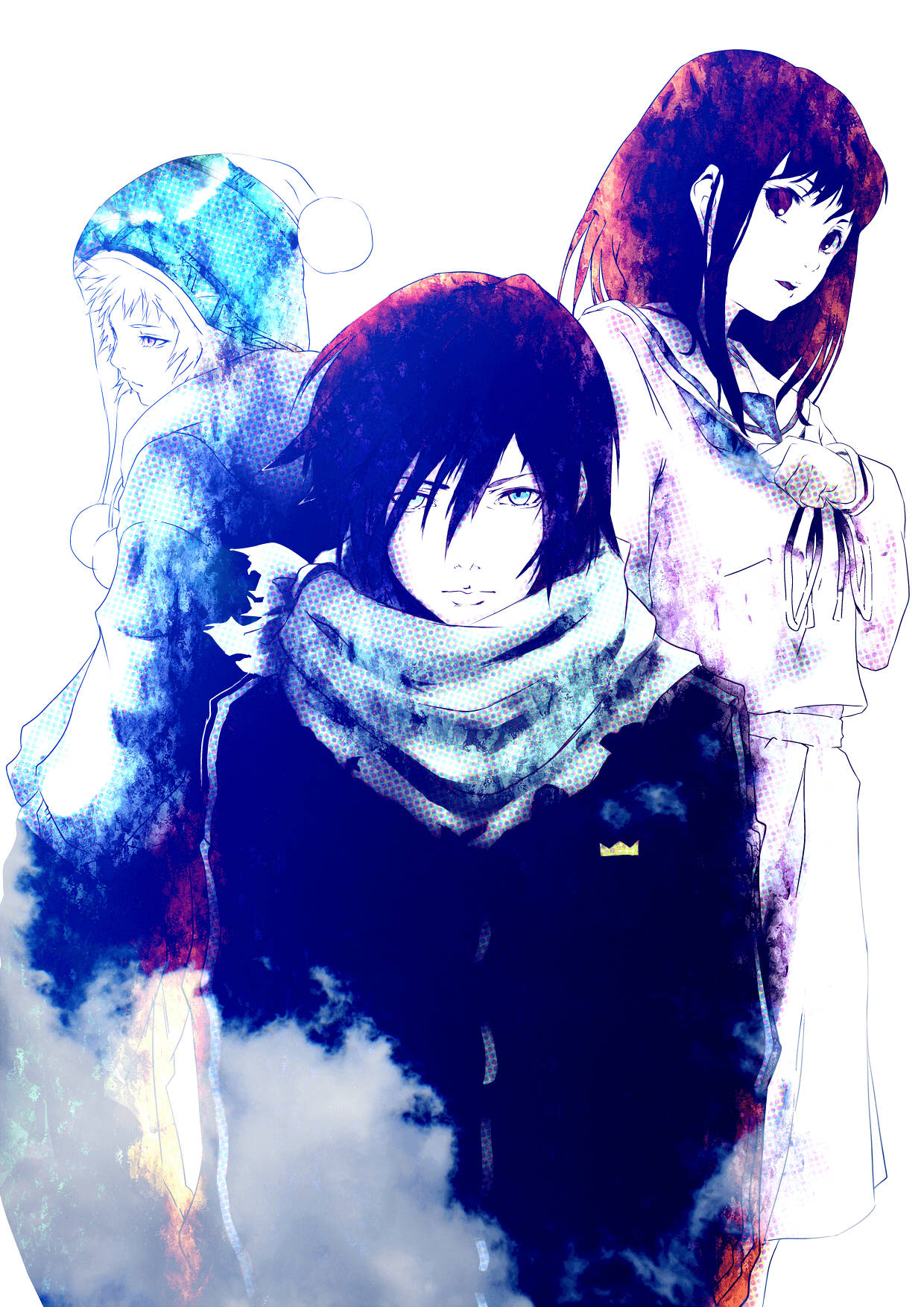 Yukine、Yato、Hiyori Iki Noragami 壁紙 — 三個穿著冬季服裝的動漫角色站在煙霧背景前，帶有鮮豔的藍色和紅色水彩潑濺。