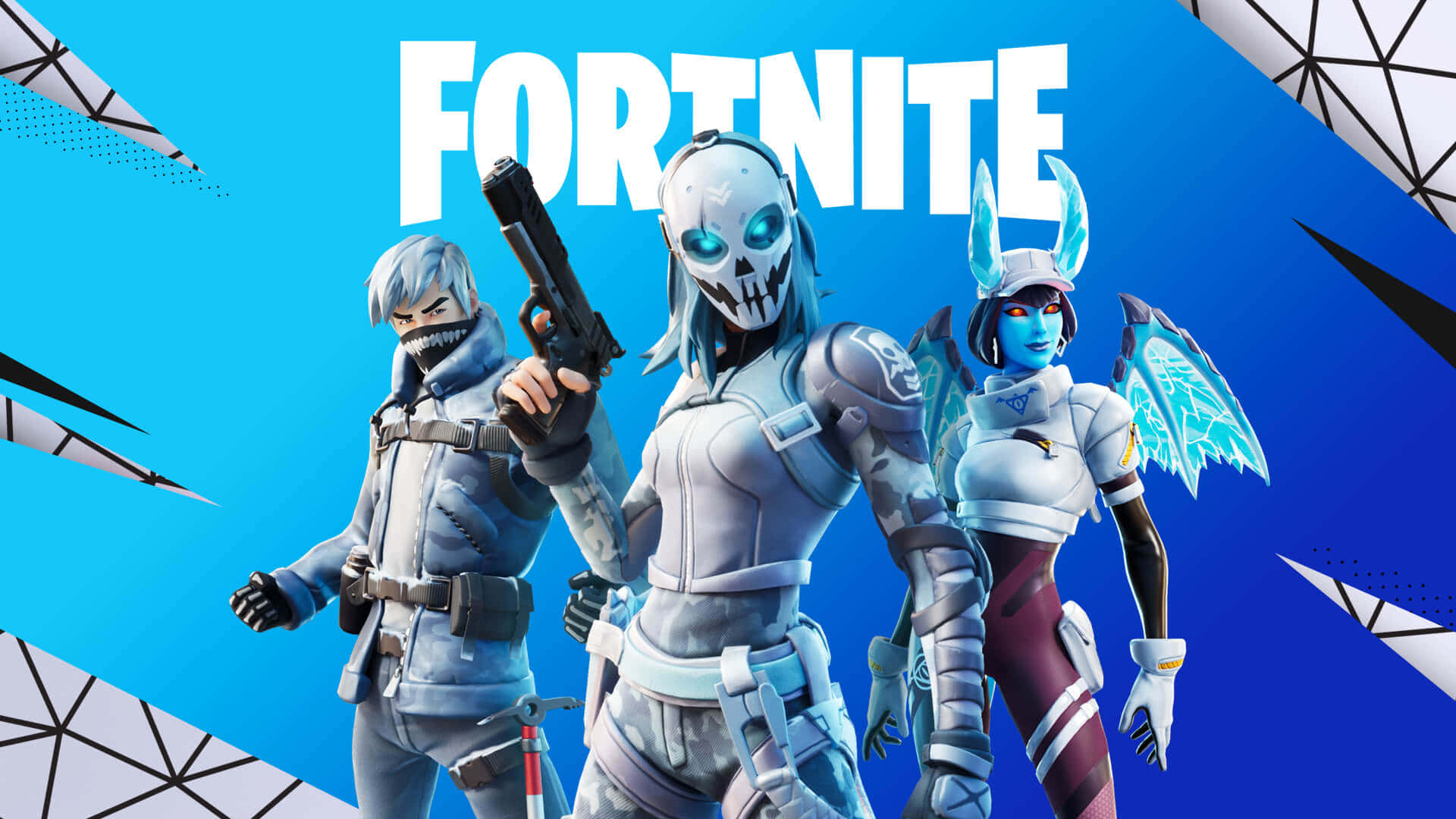 Fortnite - PS4 壁紙 — 三個穿著冰霜盔甲的Fortnite角色站在充滿活力的藍色幾何背景前，並帶有遊戲標題。