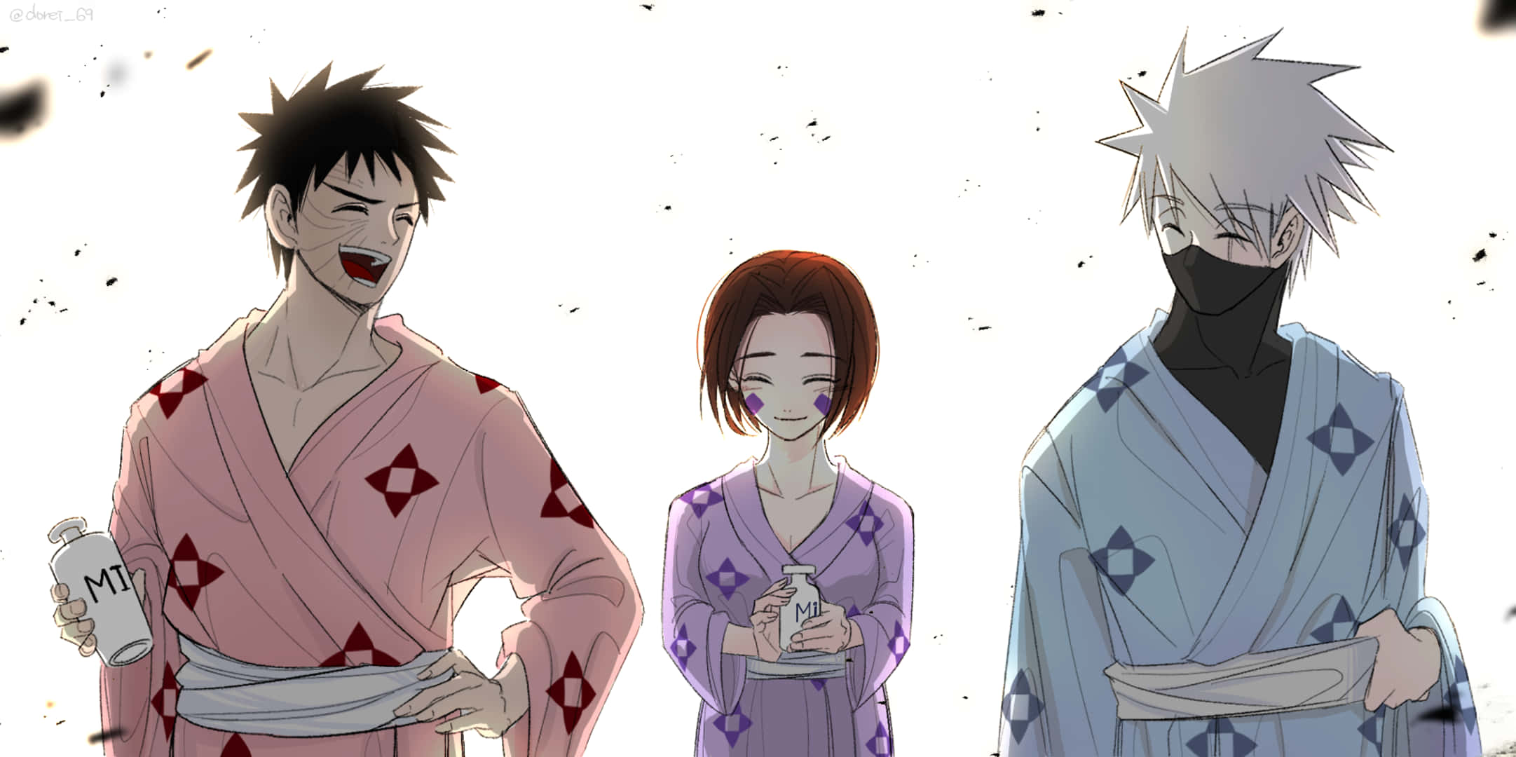 Rin Nohara 桌布 壁紙 — 三個穿著圖案浴衣的動漫角色在明亮的白色背景前笑著並拿著瓶子，背景中有漂浮的碎片。