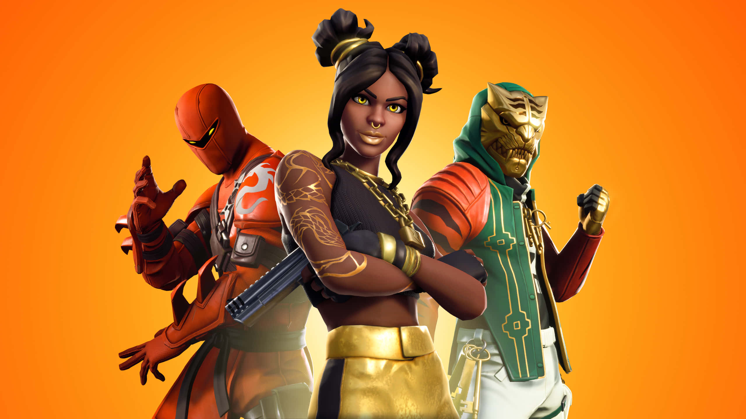 要塞英雄 大逃殺 桌布 壁紙 — 三個穿著大膽服裝的Fortnite角色在充滿活力的橙色漸變背景前自信地擺姿勢。