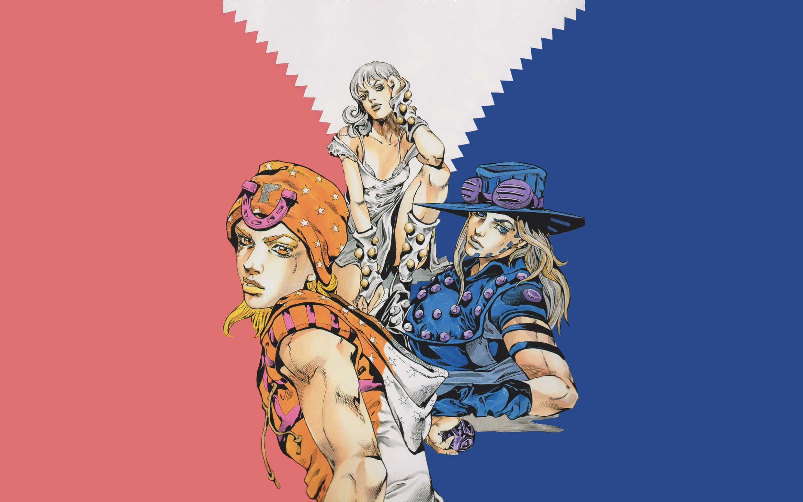 Jojo Steel Ball Run 桌布 壁紙 — 三個穿著大膽服裝的動漫角色站在以白色鋸齒形分隔的粉紅和藍色背景前。