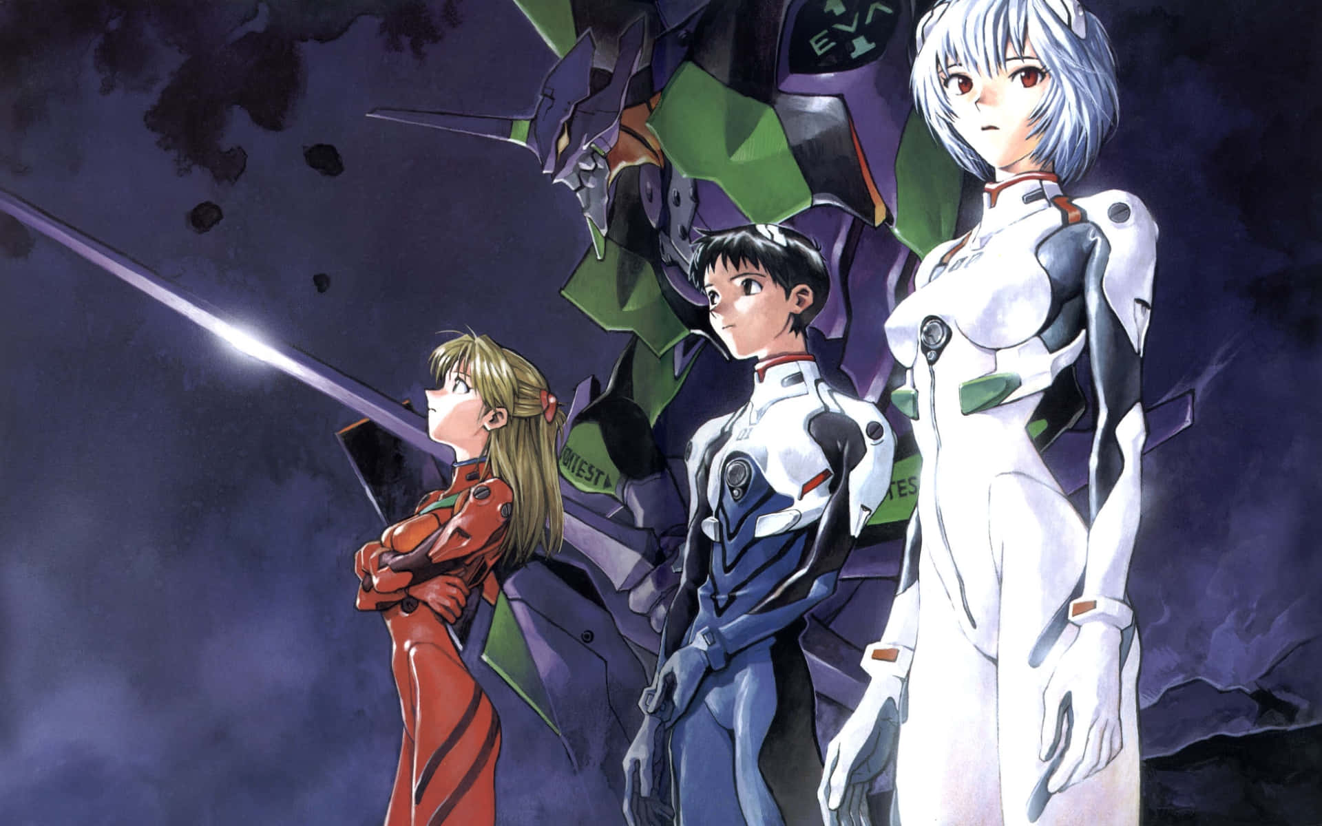 Adam Evangelion 桌布 壁紙 — 三個穿著未來風格服裝的動漫角色站在一個巨型機甲前，機甲正對著黑暗的宇宙背景發射光束。
