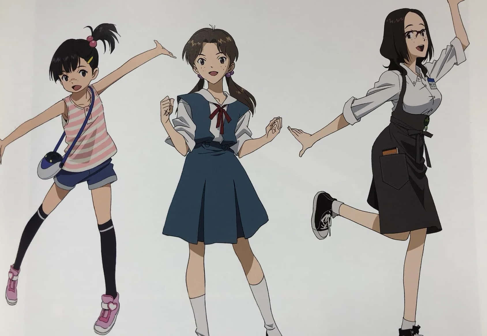 Hikari Horaki 桌布 壁紙 — 三個穿著校服和休閒服裝的動漫女孩在純白色背景前動態擺姿勢。