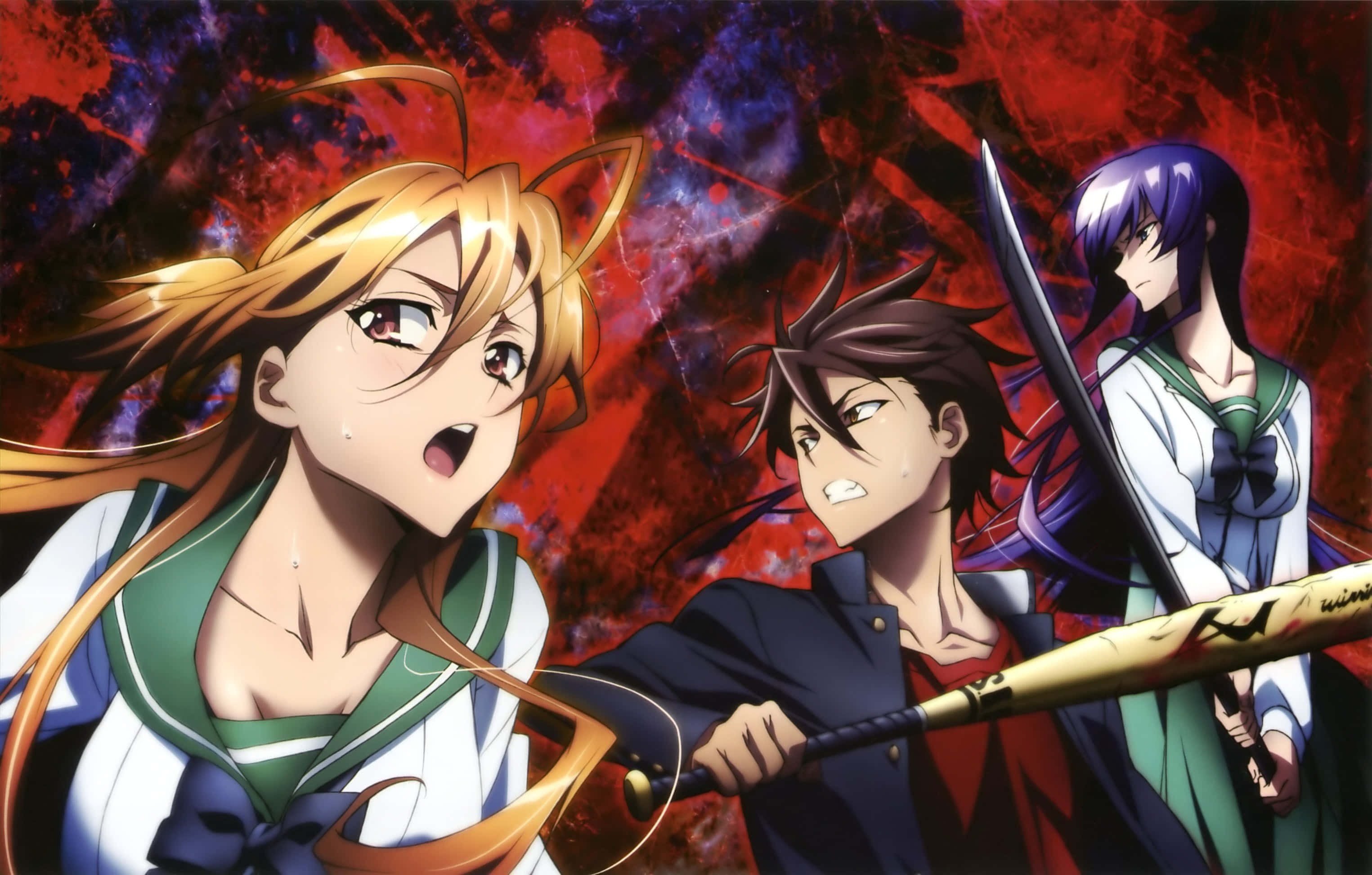 Highschool Of The Dead 桌布 壁紙 — 三個穿著校服的動漫角色準備好戰鬥，背景是火紅和紫色的抽象圖案。