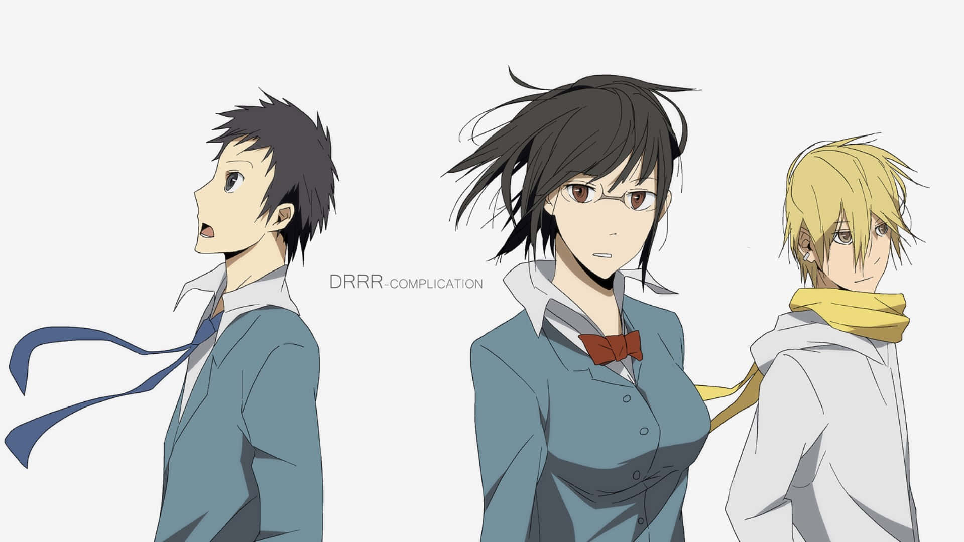 Mikado Ryuugamine 桌布 壁紙 — 三個穿著校服的動漫角色站在純色背景前，頭髮被風吹起，表情豐富。