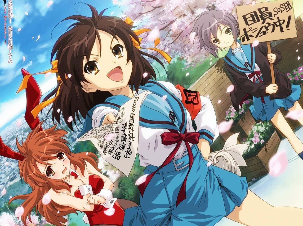 The Melancholy Of Haruhi Suzumiya 桌布 壁紙 — 三個穿著校服的動畫女孩在明亮的藍天下，在飄落的櫻花中愉快地擺姿勢。