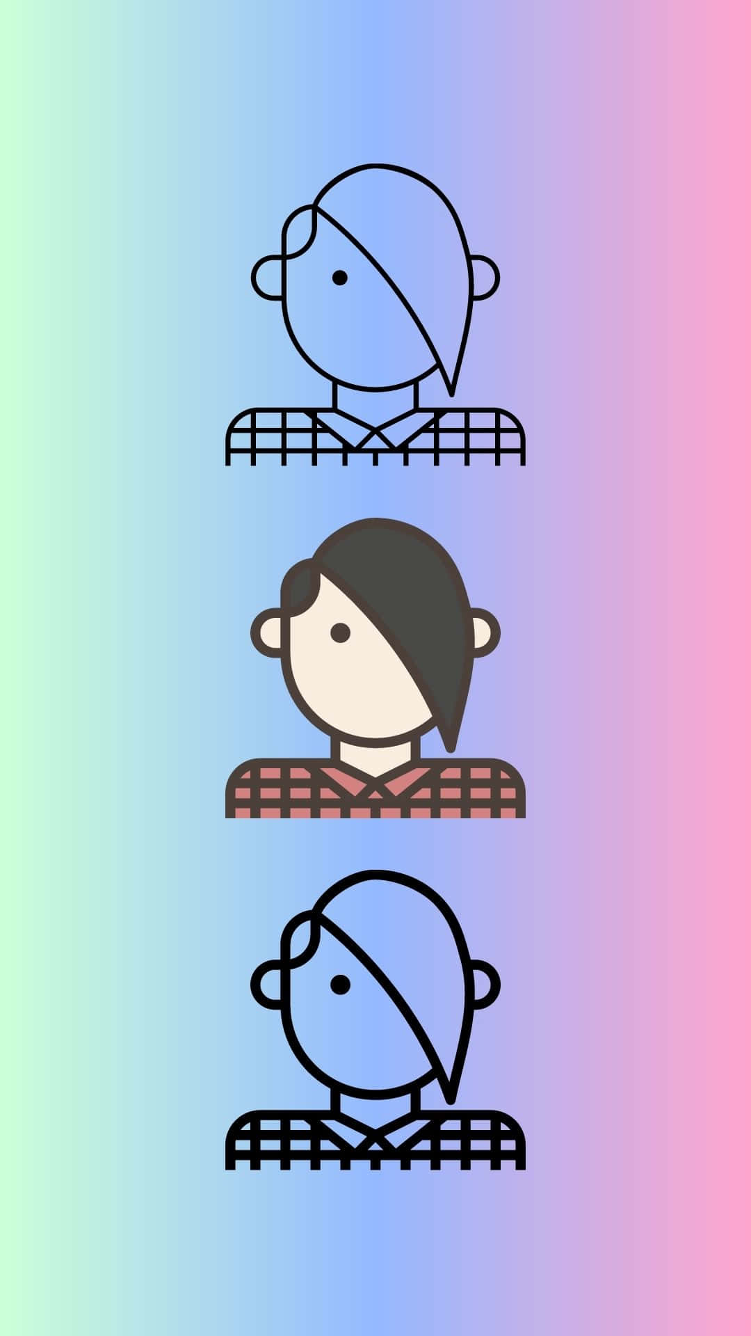 Cute Emo 桌布 壁紙 — 三個穿著格仔恤衫的極簡風格人物站在柔和漸變背景前。