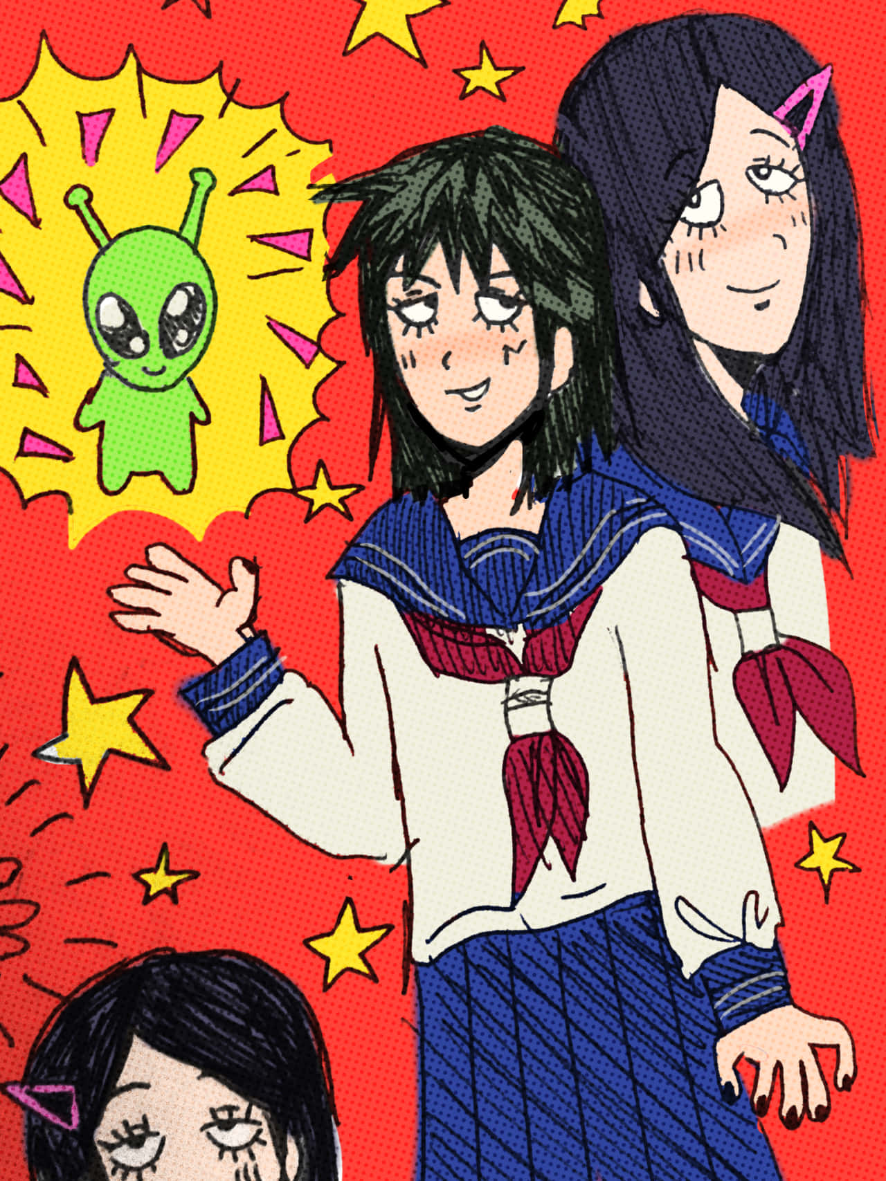 Tome Kurata 桌布 壁紙 — 三個穿著水手服嘅動畫女仔喺充滿黃色星星同綠色外星人嘅鮮紅色背景前微笑。