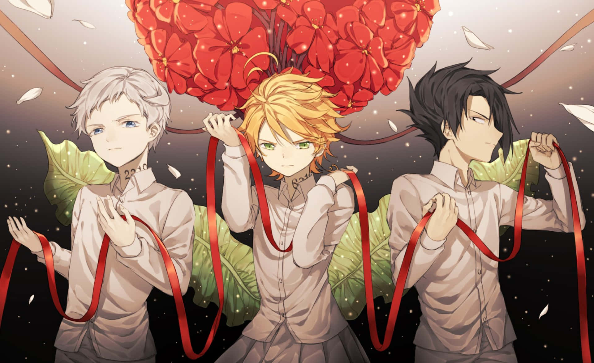 The Promised Neverland Ray 桌布 壁紙 — 三個穿著淺色襯衫的動漫男孩，在黑暗星空和飄落花瓣的背景下，努力舉起一個巨大的紅色花束。