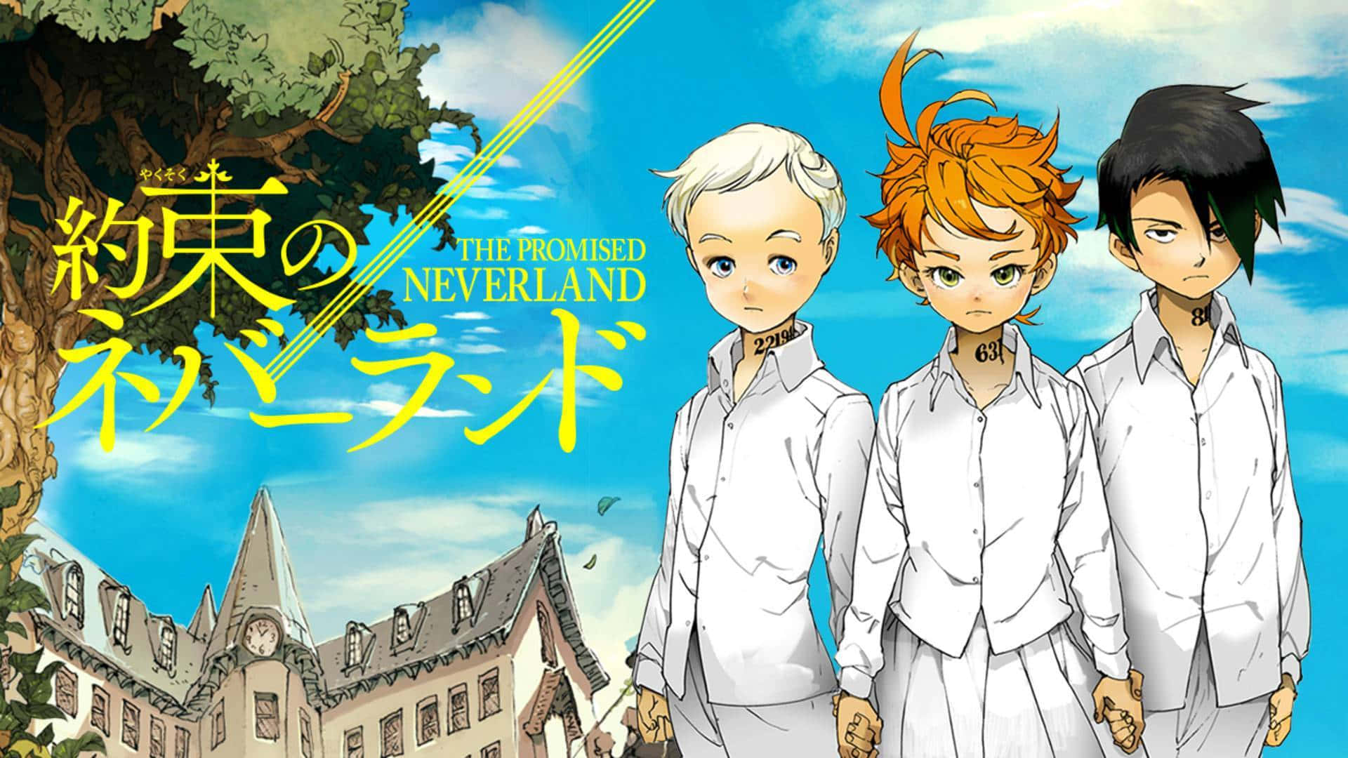 The Promised Neverland 桌布 壁紙 — 三個穿著白色制服嘅動畫男仔企喺一座哥德式大宅前面，背景係晴朗嘅藍天，上面有日文標題文字。