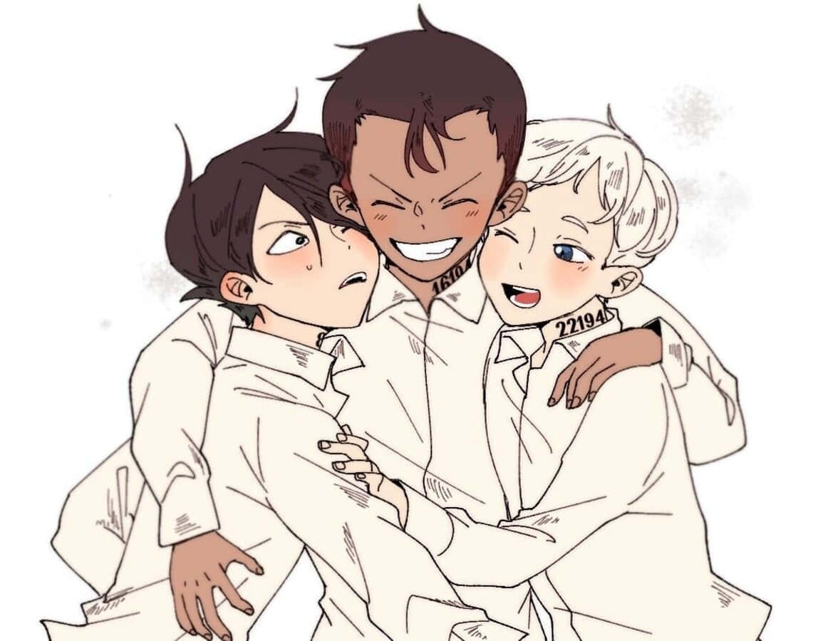 The Promised Neverland Don 桌布 壁紙 — 三個穿著白色外套的動漫角色在雪景背景下，脖子上有數字，快樂地擁抱。