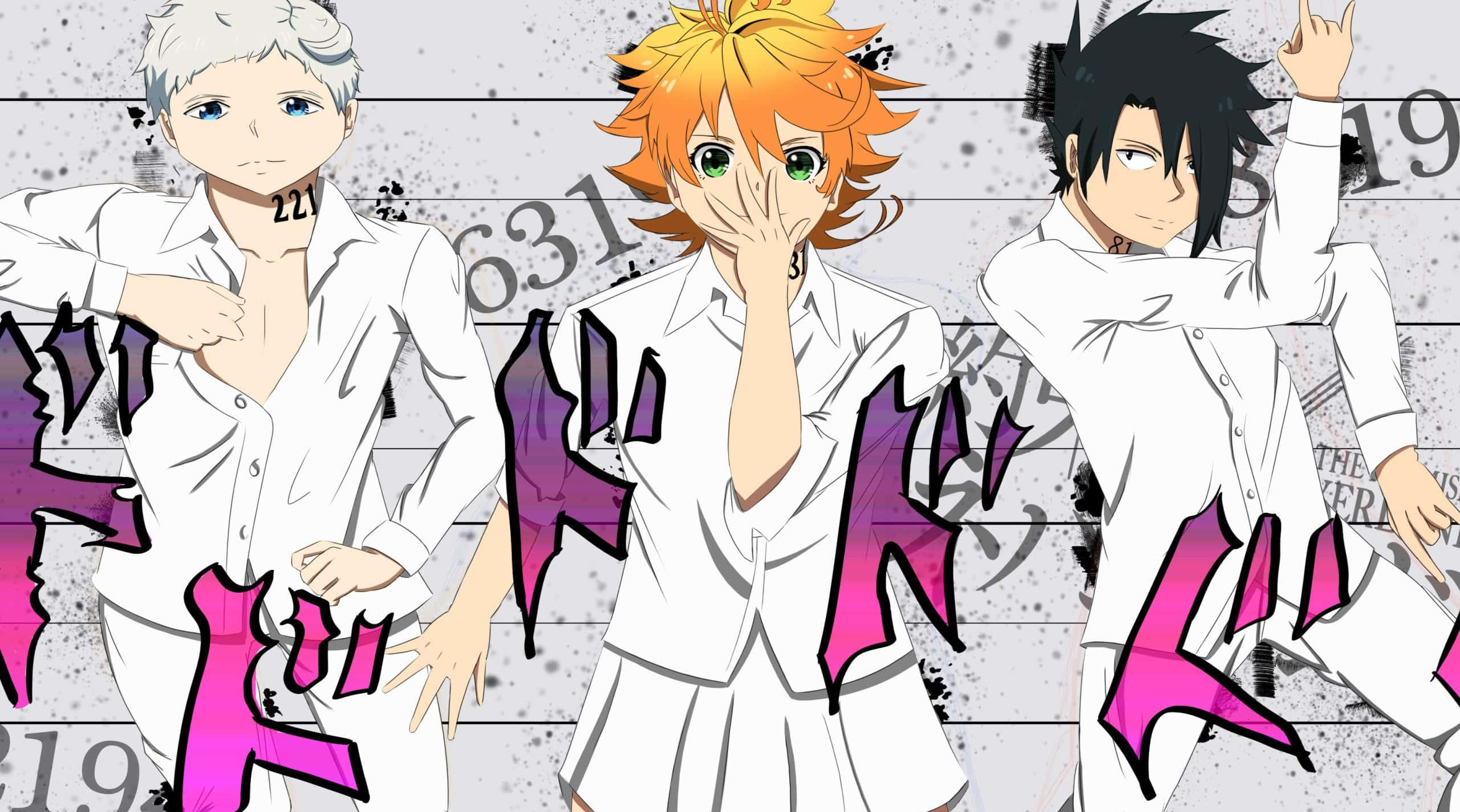The Promised Neverland Ray 桌布 壁紙 — 三個穿著白色服裝的動漫男孩在粗糙的背景上動態擺姿勢，並帶有粗體的粉紅色和紫色風格化文字。