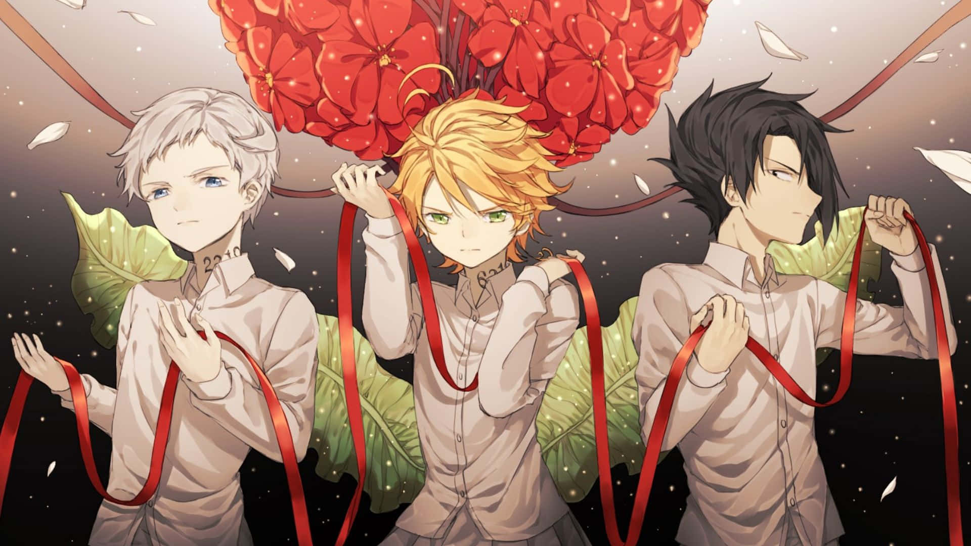 The Promised Neverland 桌布 壁紙 — 三個穿著白襯衫的動畫男孩，在星空黑暗背景下，手持連接到巨大紅花的紅絲帶。