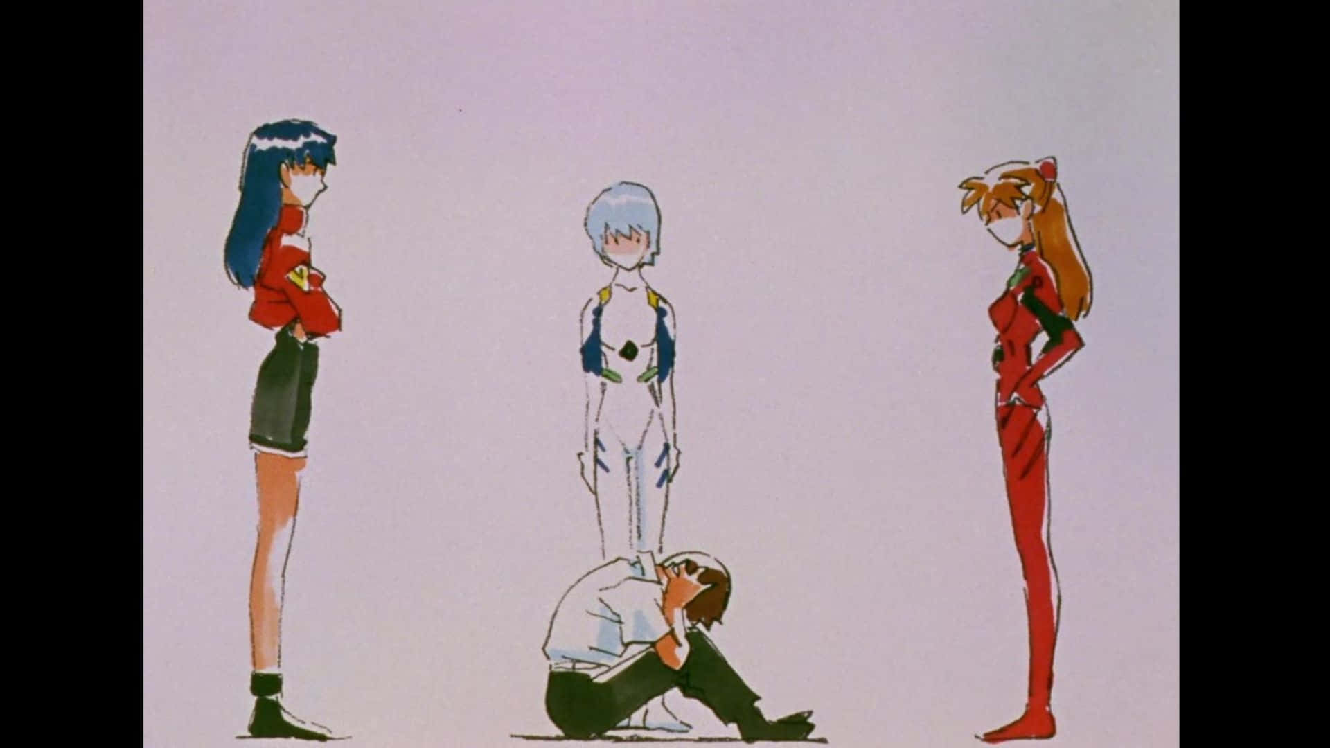 Adam Evangelion 桌布 壁紙 — 三個穿著紅白服裝的動漫女孩站在一個跪著的男孩周圍，背景是純色的薰衣草色。