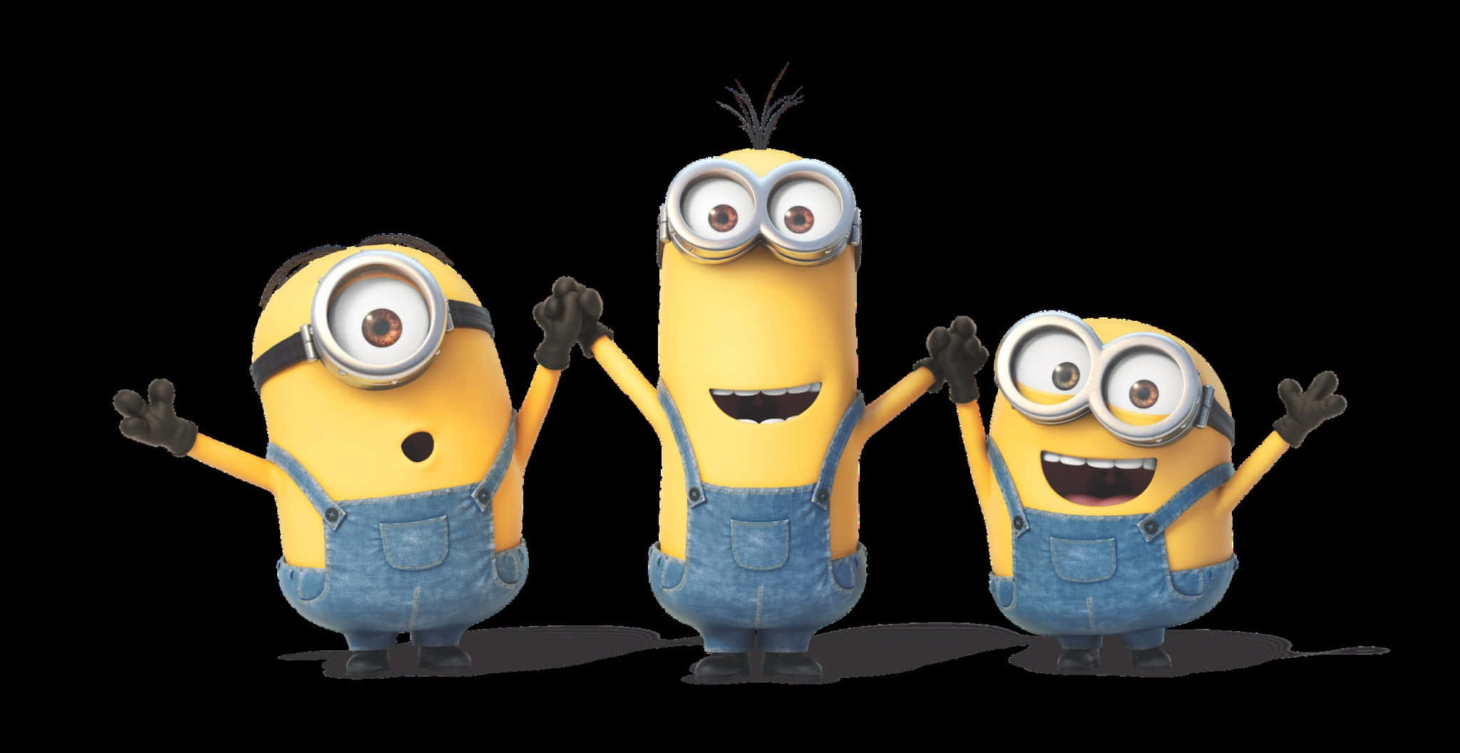 迷你兵團 桌布 壁紙 — 三個穿著藍色工裝褲的開心黃色Minions在黑色背景前開心地揮手。