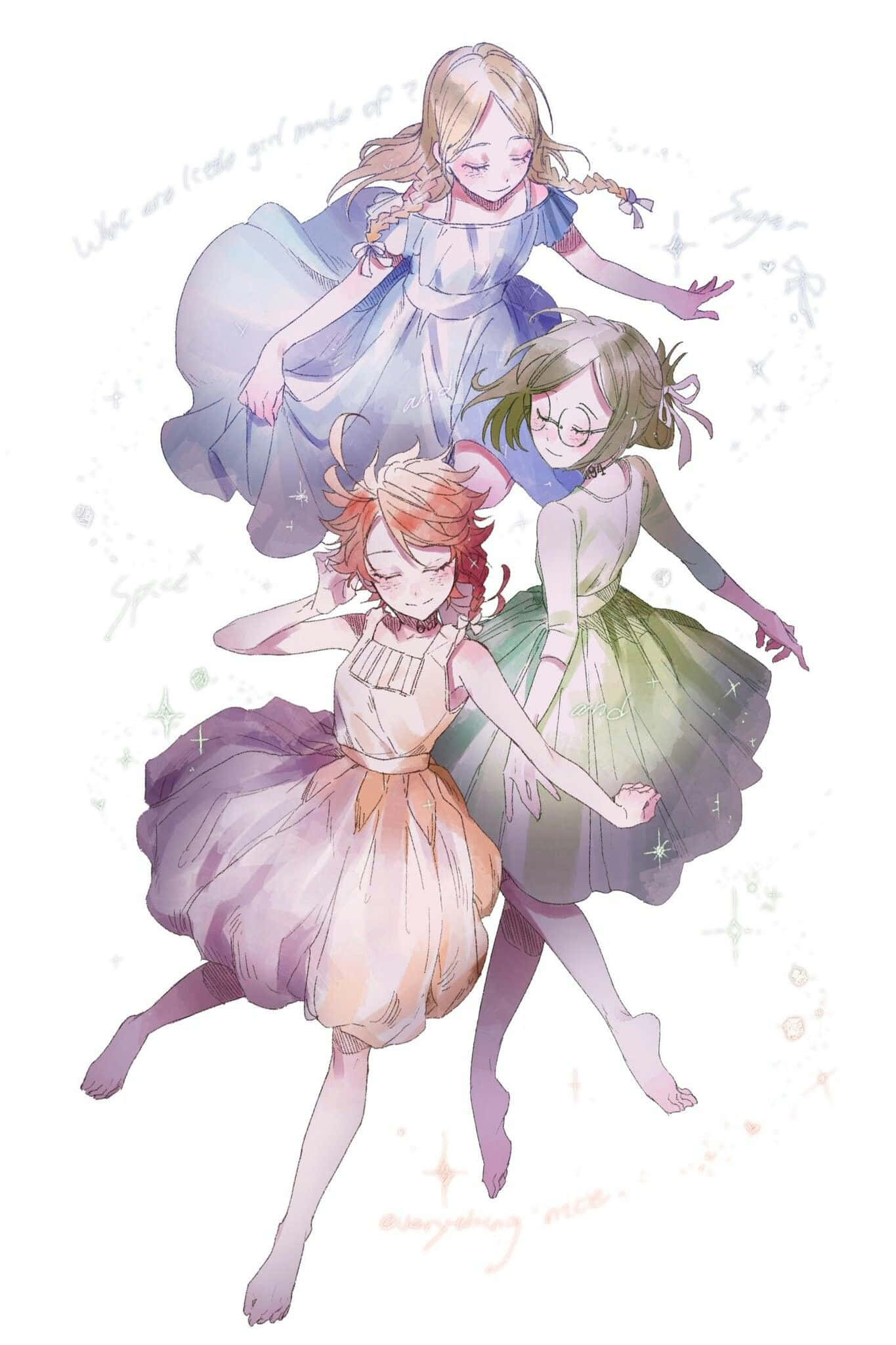 The Promised Neverland Gilda 桌布 壁紙 — 三個穿著飄逸連衣裙的奇幻動漫女孩，在閃爍的白色背景上優雅地漂浮，帶有柔和的粉彩色调。