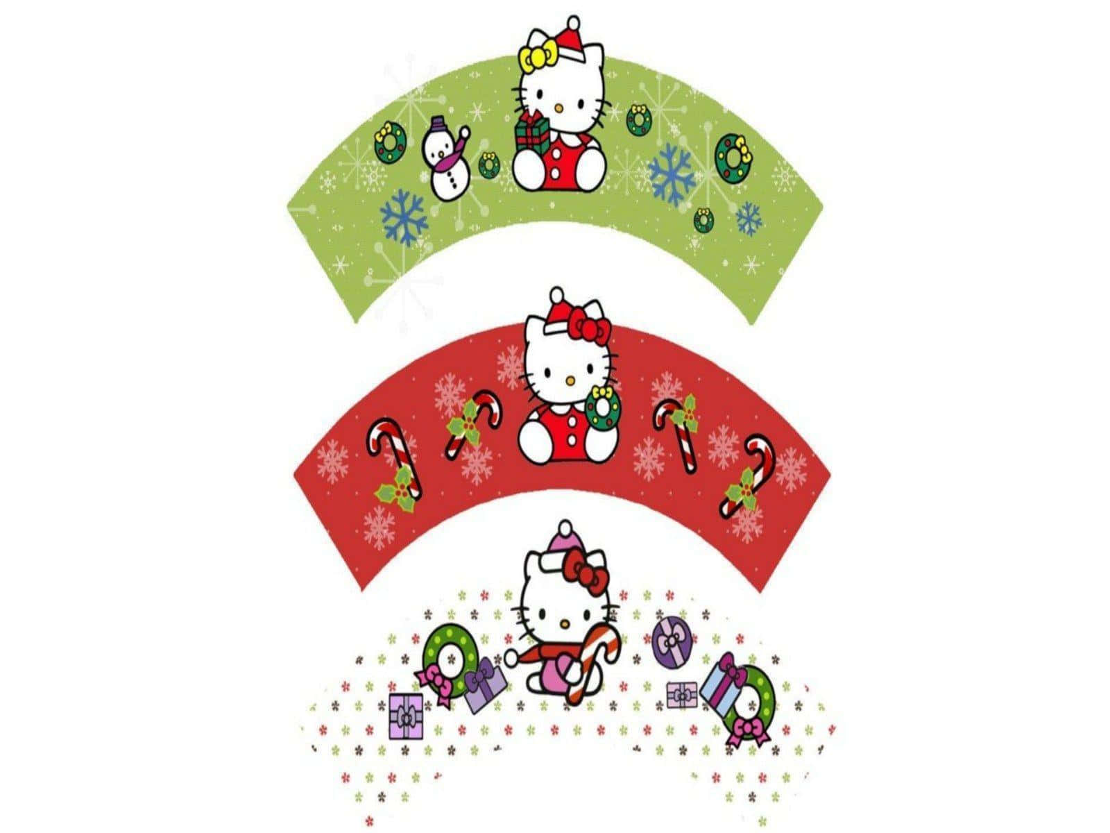 Hello Kitty Christmas 桌布 壁紙 — 三個節日Hello Kitty紙杯蛋糕包裝紙，飾有雪花、拐杖糖和綠色、紅色和紫色的節日禮物。