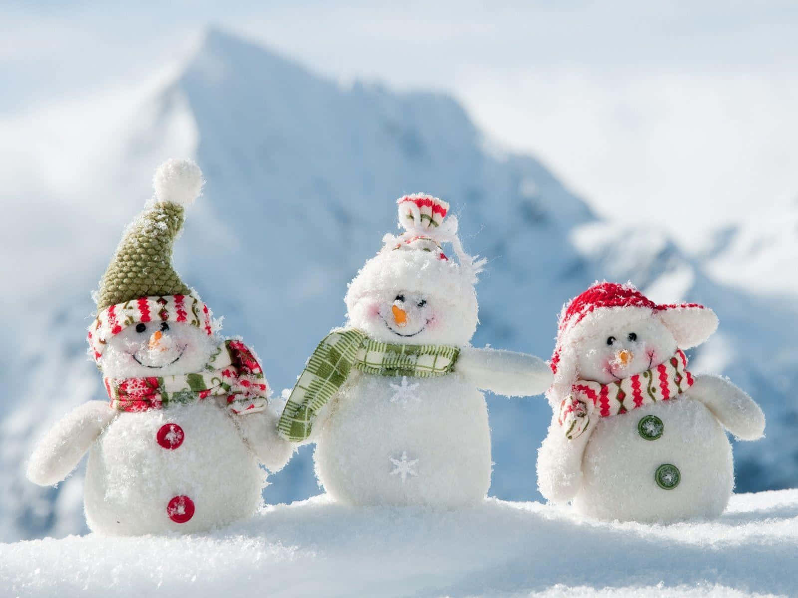 雪人 桌布 壁紙 — 三個節日編織雪人，戴著彩色帽子和圍巾，在明亮的陽光下一起站在雪山上。