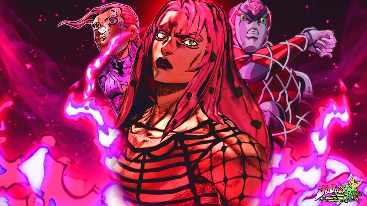 Jojo's Bizarre Adventure Diavolo 桌布 壁紙 — 三個粉紅色頭髮、眼睛發光的動漫角色，在充滿電光粉紅能量的動態戰鬥場景中站立。