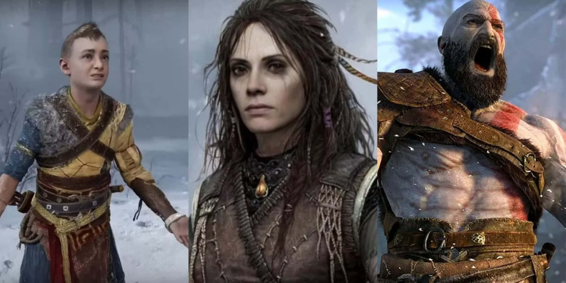 God Of War Characters 桌布 壁紙 — 三個粗獷的電子遊戲角色站在雪地森林中，表情強烈，盔甲細節豐富。