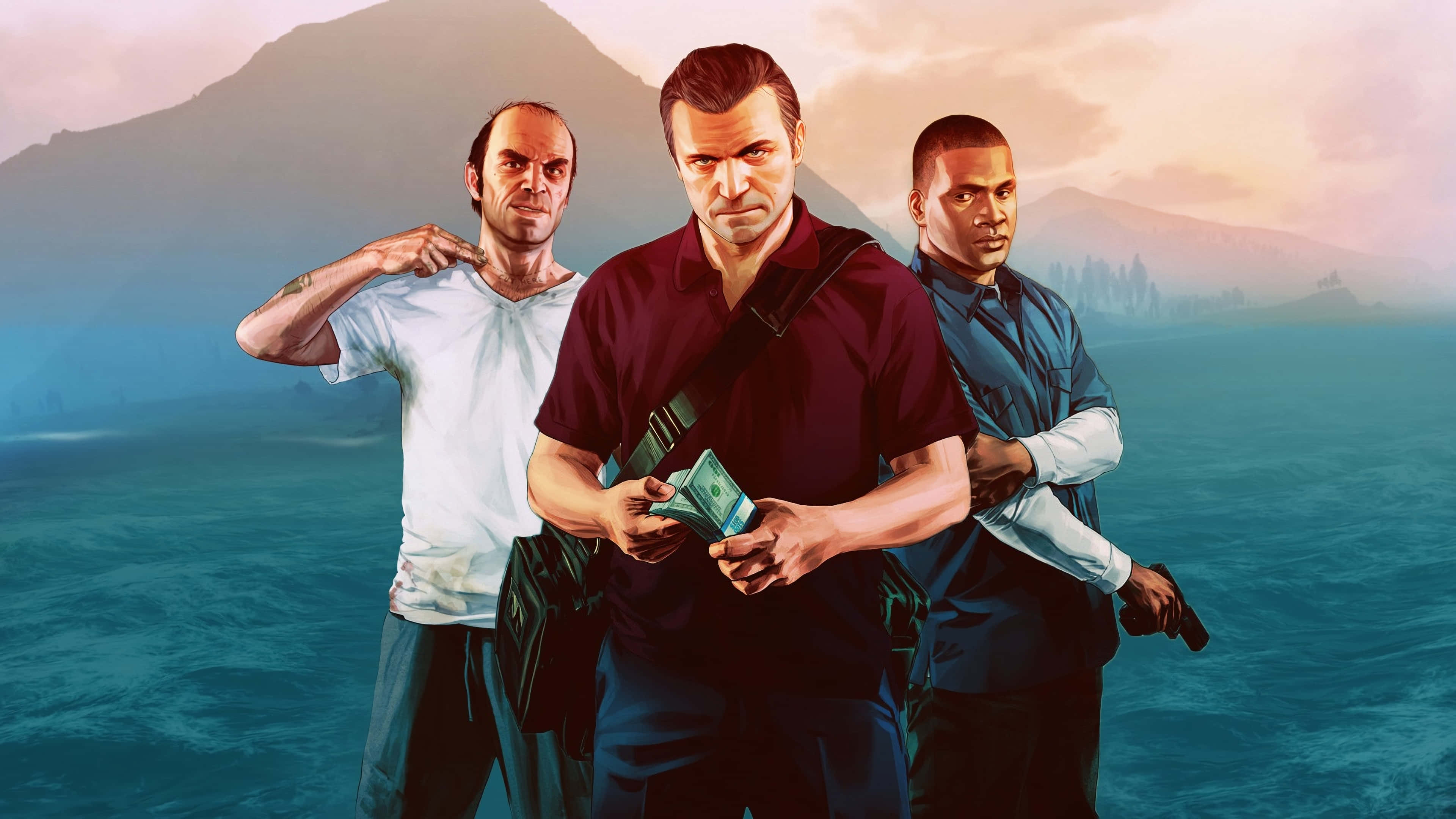 Gta 5 4K 桌布 壁紙 — 三個粗獷的電子遊戲角色站在霧氣瀰漫的海洋旁，手持現金和槍支，背景有山脈。