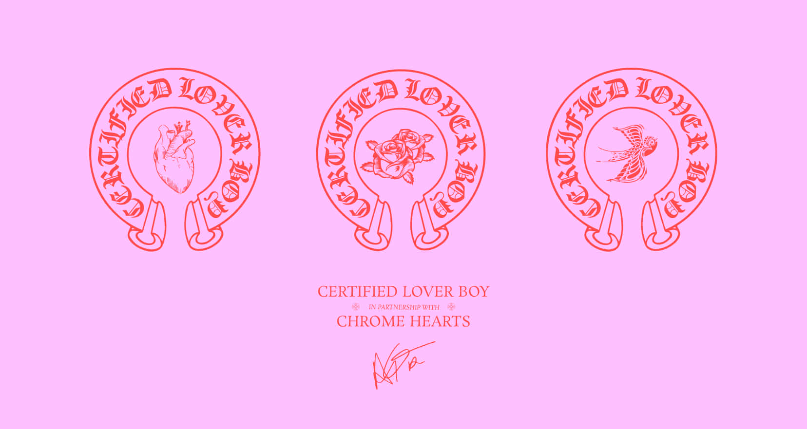 Certified Lover Boy X Chrome Hearts 壁紙 — 三個紅色外框的 Chrome Hearts 標誌，位於粉紅色背景上，每個都包含心形、玫瑰和鳥類圖案，下方有文字。