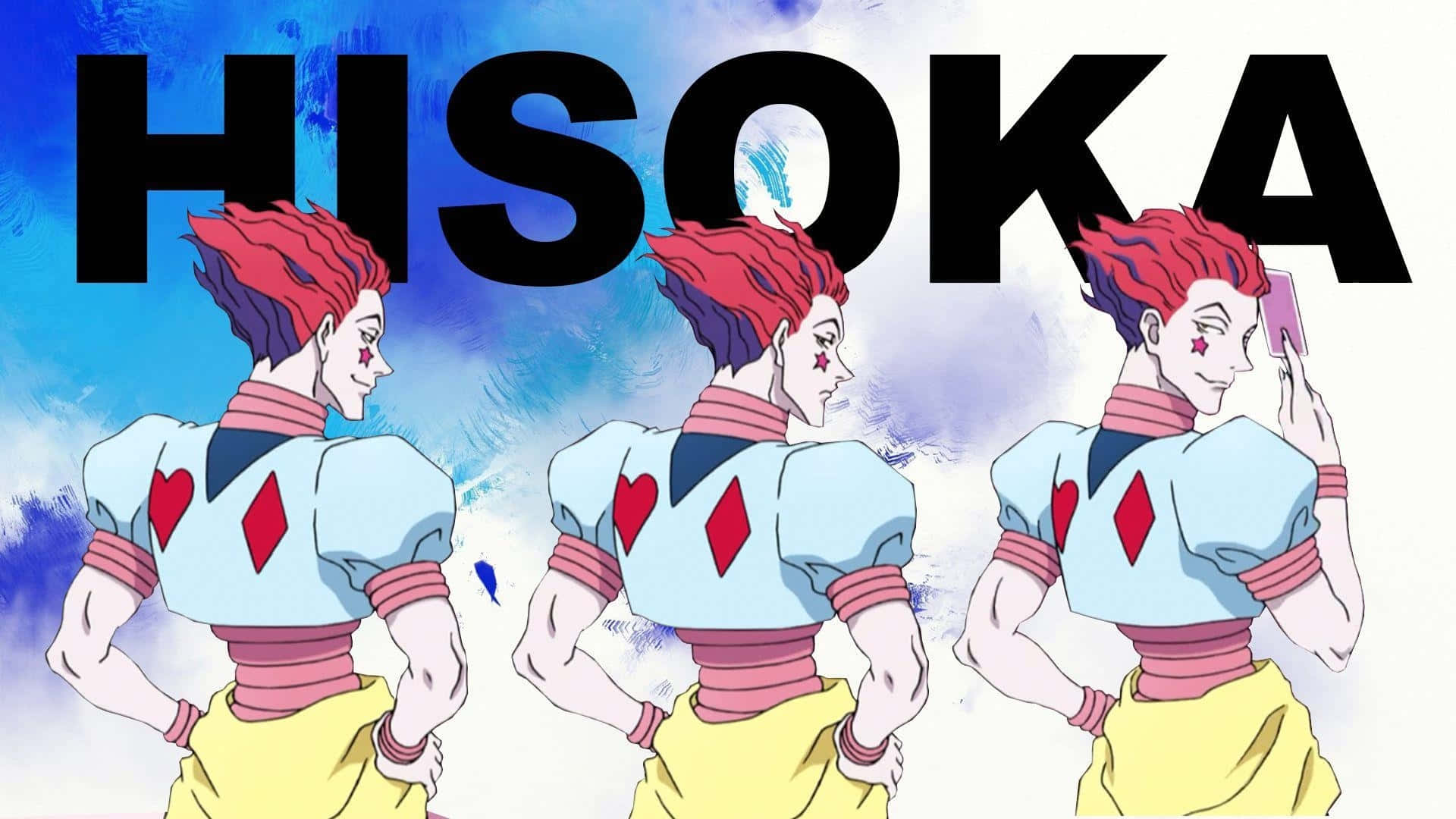 Hisoka Morow 桌布 壁紙 — 三個紅髮、帶有星星紋身的動漫角色，在藍色水彩背景和粗體黑色文字前自信地擺姿勢。