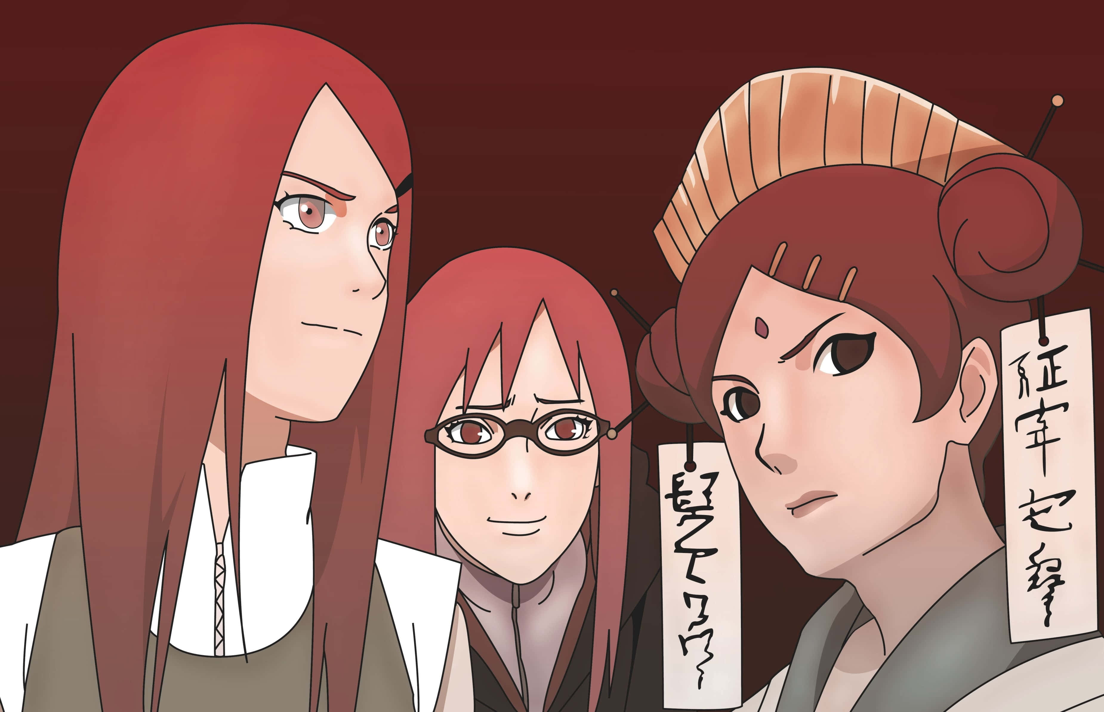 Karin Uzumaki 桌布 壁紙 — 三個紅髮動漫角色，表情嚴肅，站在帶有日文文字標籤的深紅色背景前。
