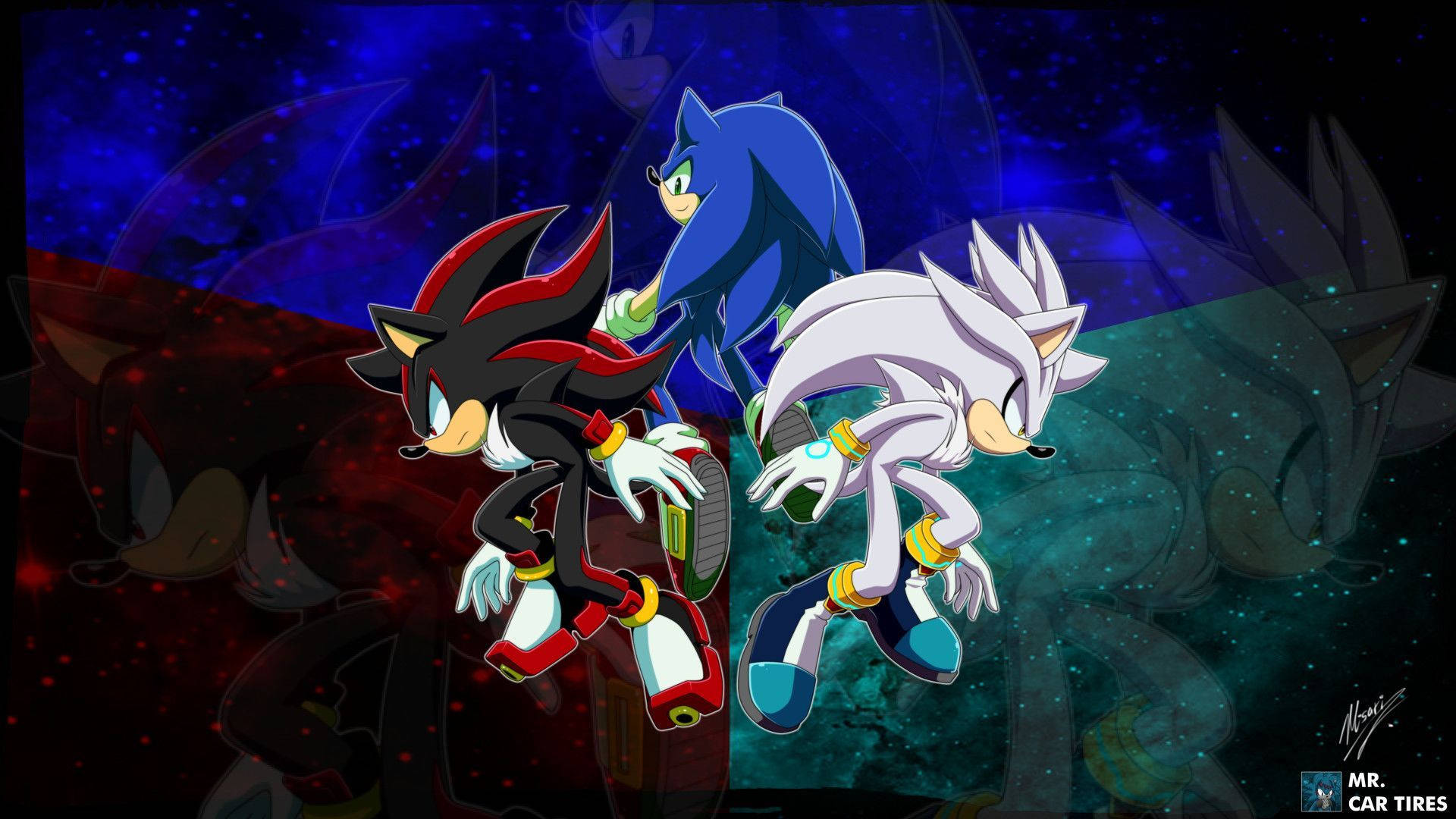 Shadow The Hedgehog 桌布 壁紙 — 三個索尼克角色在動態姿勢中，背景是旋轉的紅色和藍色星雲及星空的宇宙背景。