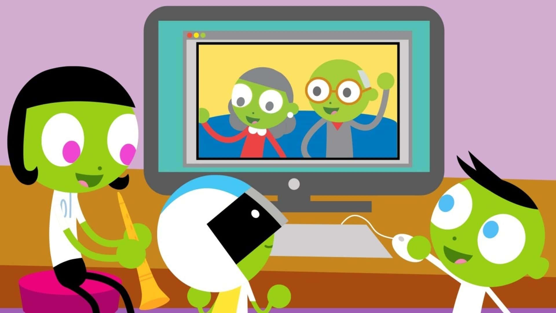 Pbs Kids 桌布 壁紙 — 三個綠色卡通小孩愉快地與顯示兩個微笑外星人角色的電腦屏幕互動。