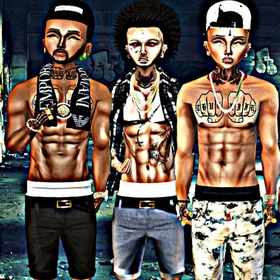 imvu 桌布 壁紙 — 三個肌肉發達的數碼渲染男人，帶有紋身和街頭服飾，自信地站在一個被塗鴉覆蓋的城市牆壁前。