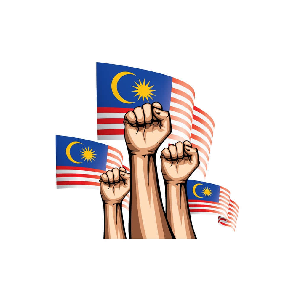 Malaysia 桌布 壁紙 — 三個舉起的拳頭，與飄揚的馬來西亞國旗，以鮮明色彩展現團結。