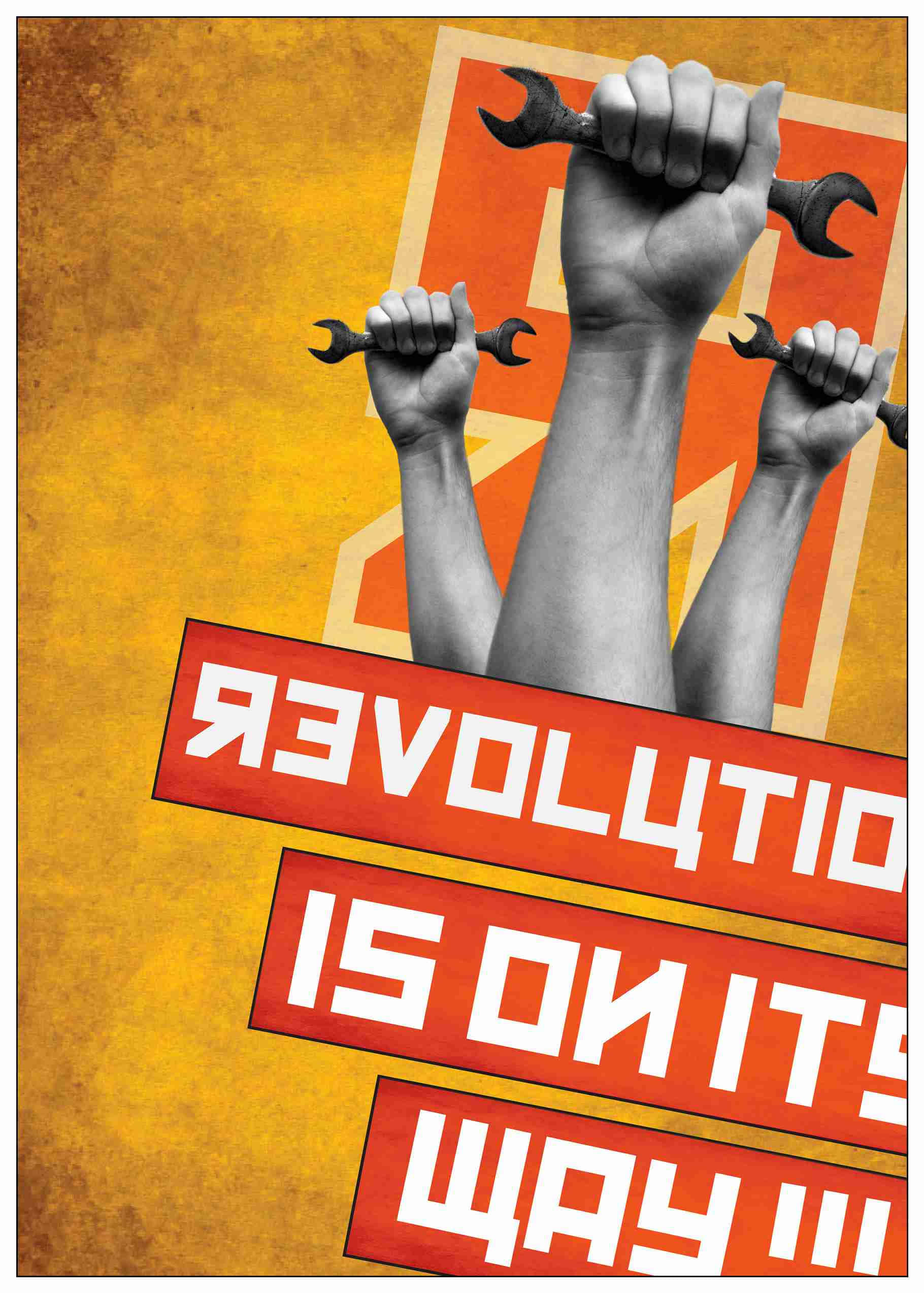 Constructivism 桌布 壁紙 — 三個舉起的拳頭緊握扳手，背景為帶紋理的黃色和橙色，並有粗體紅色文字宣告革命即將到來。