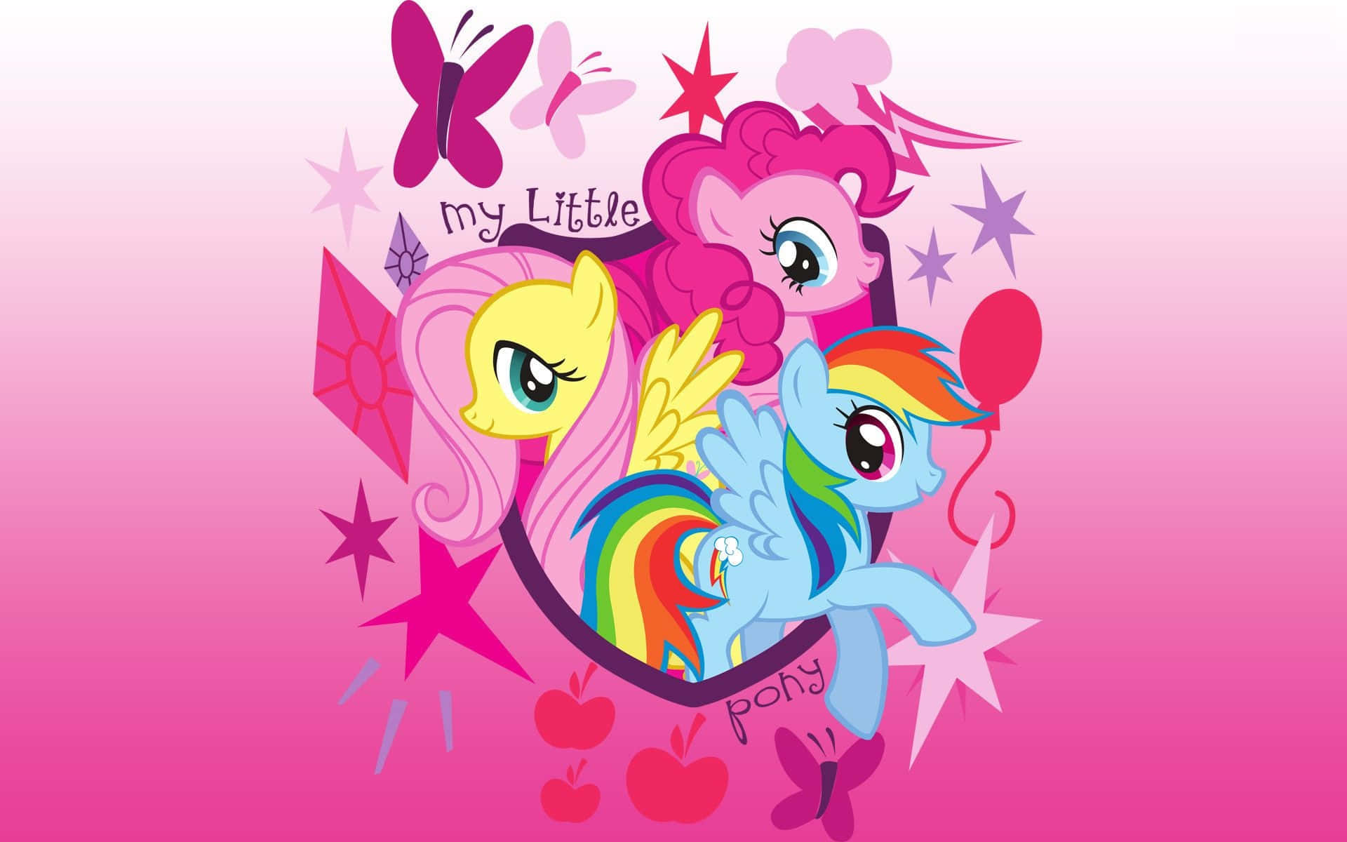 pony 桌布 壁紙 — 三個色彩繽紛的 My Little Pony 角色，被星星、蝴蝶和蘋果環繞，背景為粉紅色漸變。