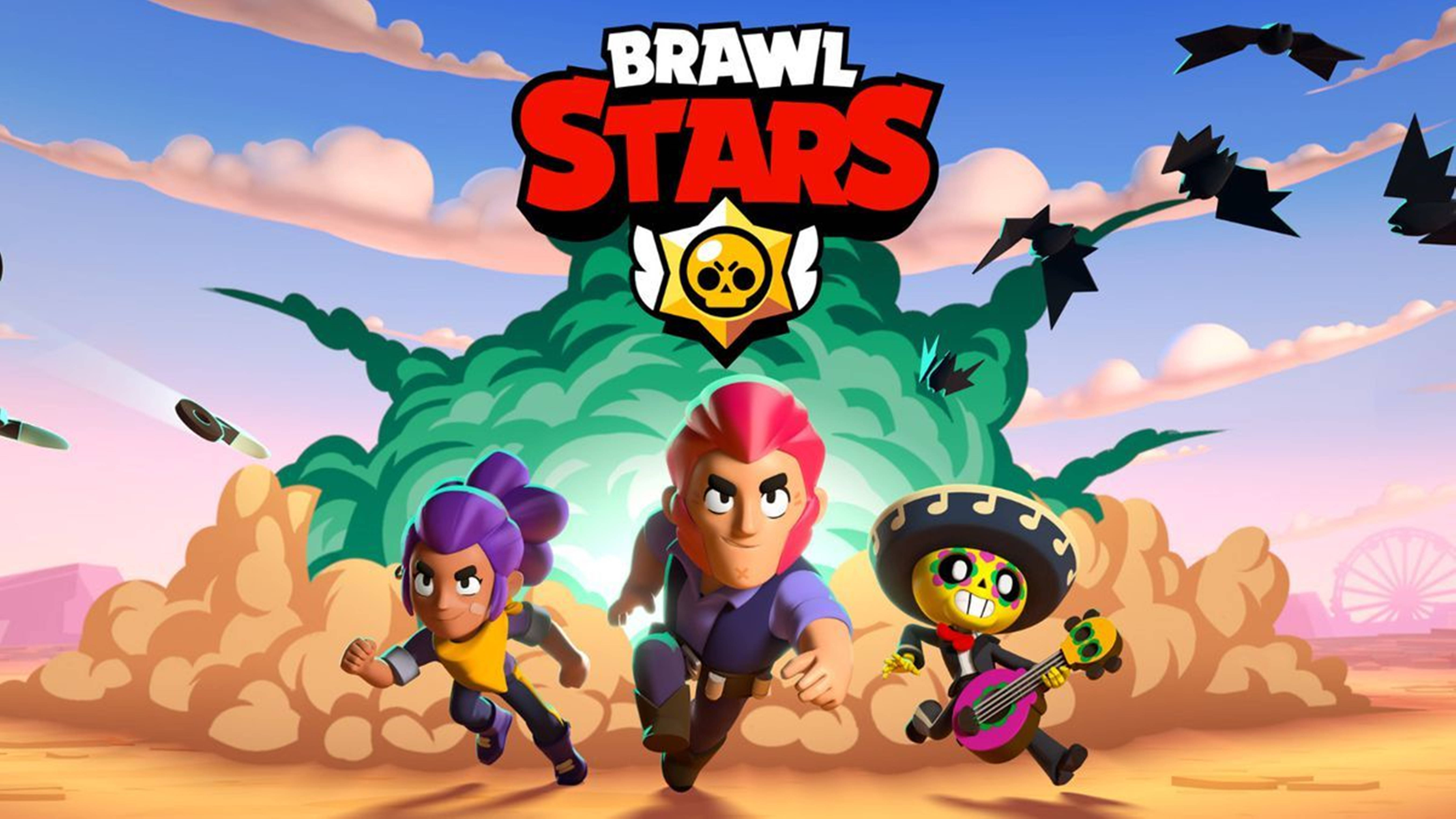 Brawl Stars 桌布 壁紙 — 三個色彩繽紛的Brawl Stars角色在充滿活力的天空下，伴隨著飛翔的蝙蝠和身後巨大的綠色爆炸，衝過沙漠景觀。