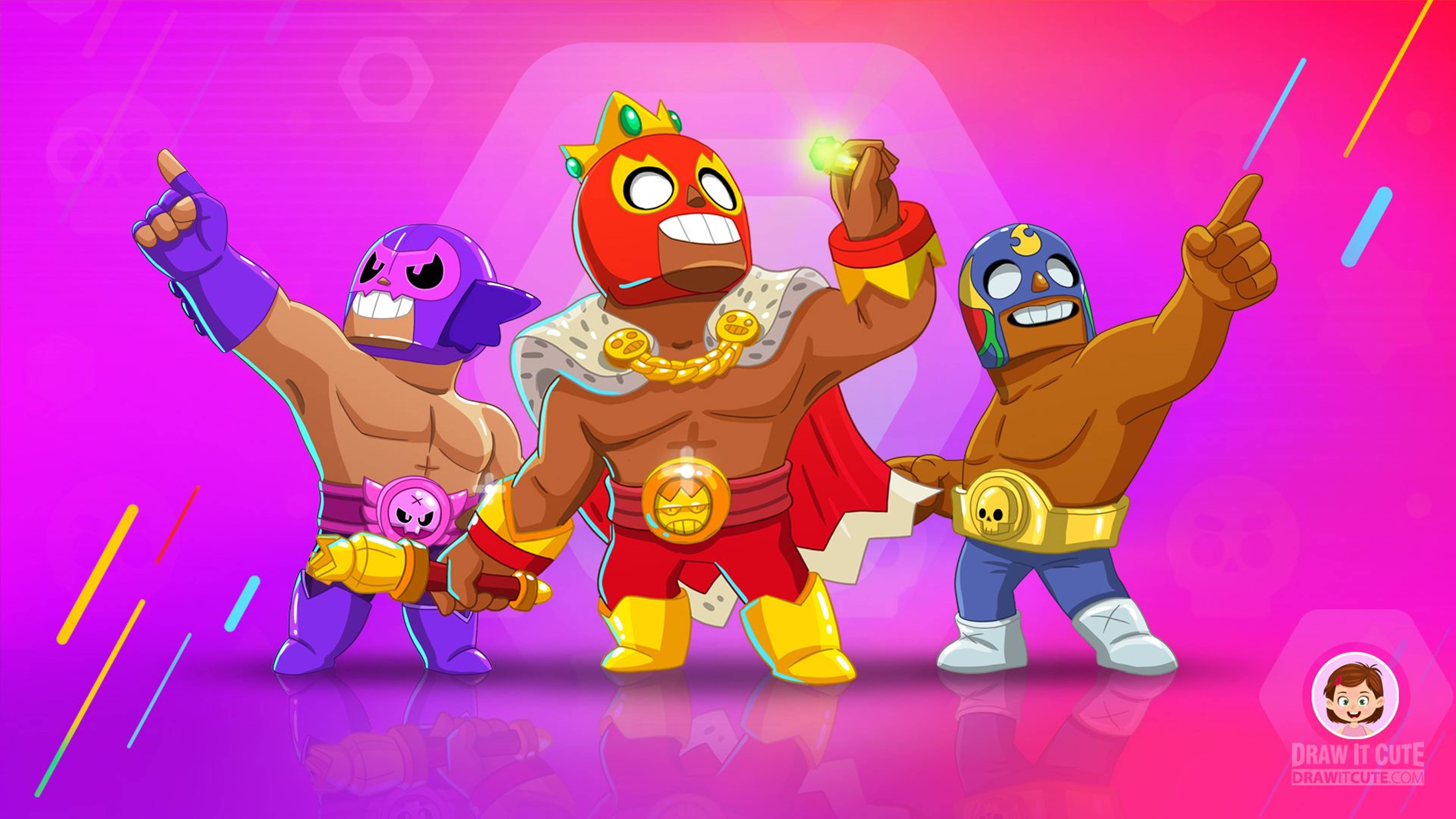 Brawl Stars 桌布 壁紙 — 三個色彩繽紛的卡通摔角手穿著鮮豔服裝，在發光的粉紅和紫色漸變背景上擺出勝利姿勢。