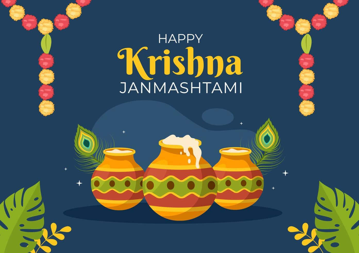 Krishna Janmashtami 桌布 壁紙 — 三個色彩繽紛的裝飾罐，內有牛奶和孔雀羽毛，在深藍色背景上構成一個喜慶的克里希納·詹馬什塔米問候。