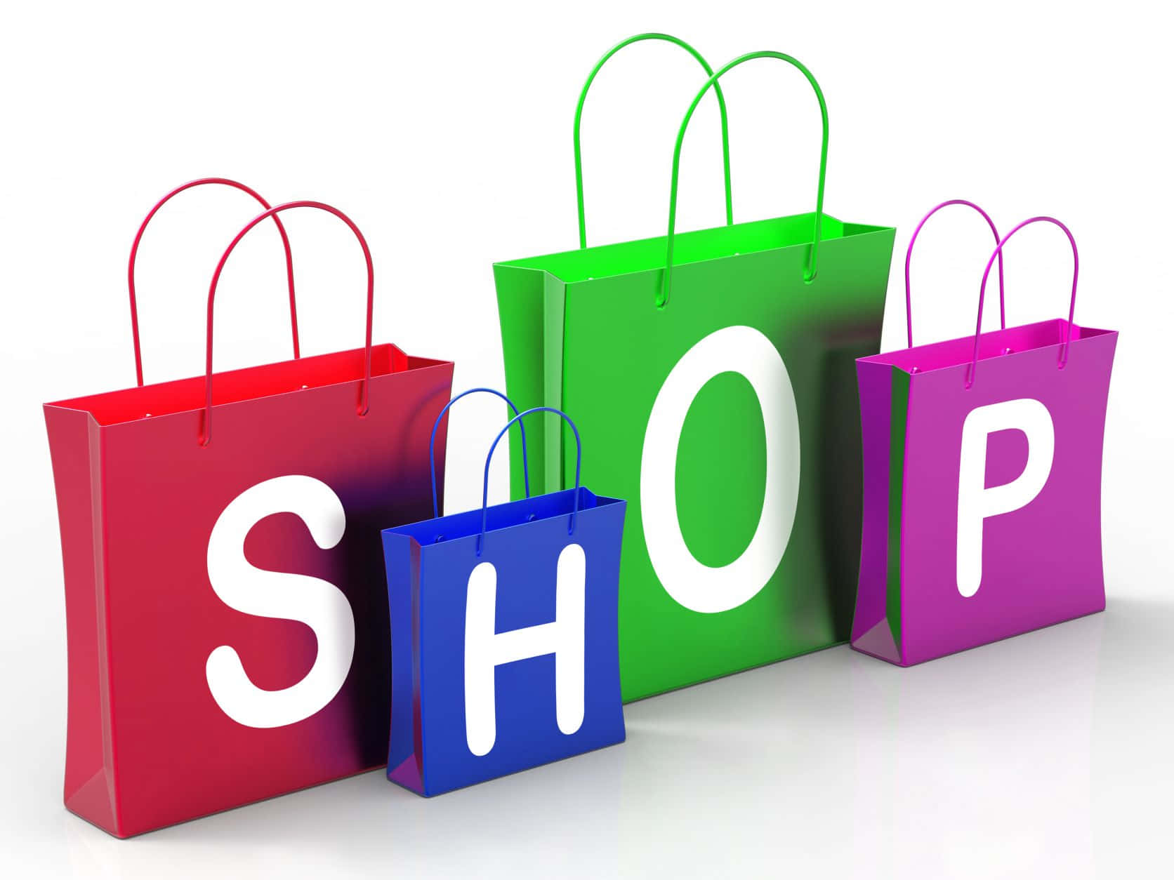 三個色彩繽紛的購物袋，上面寫着「shop」 壁紙