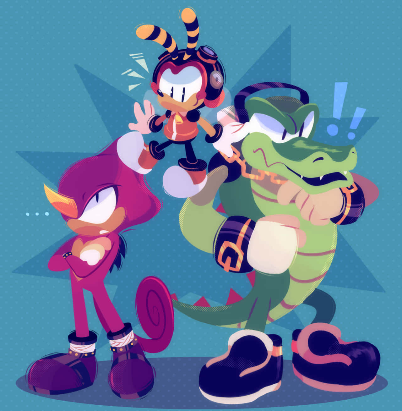 Vector The Crocodile 桌布 壁紙 — 三個色彩鮮豔的動畫角色在青綠色星爆背景前動感擺姿勢。